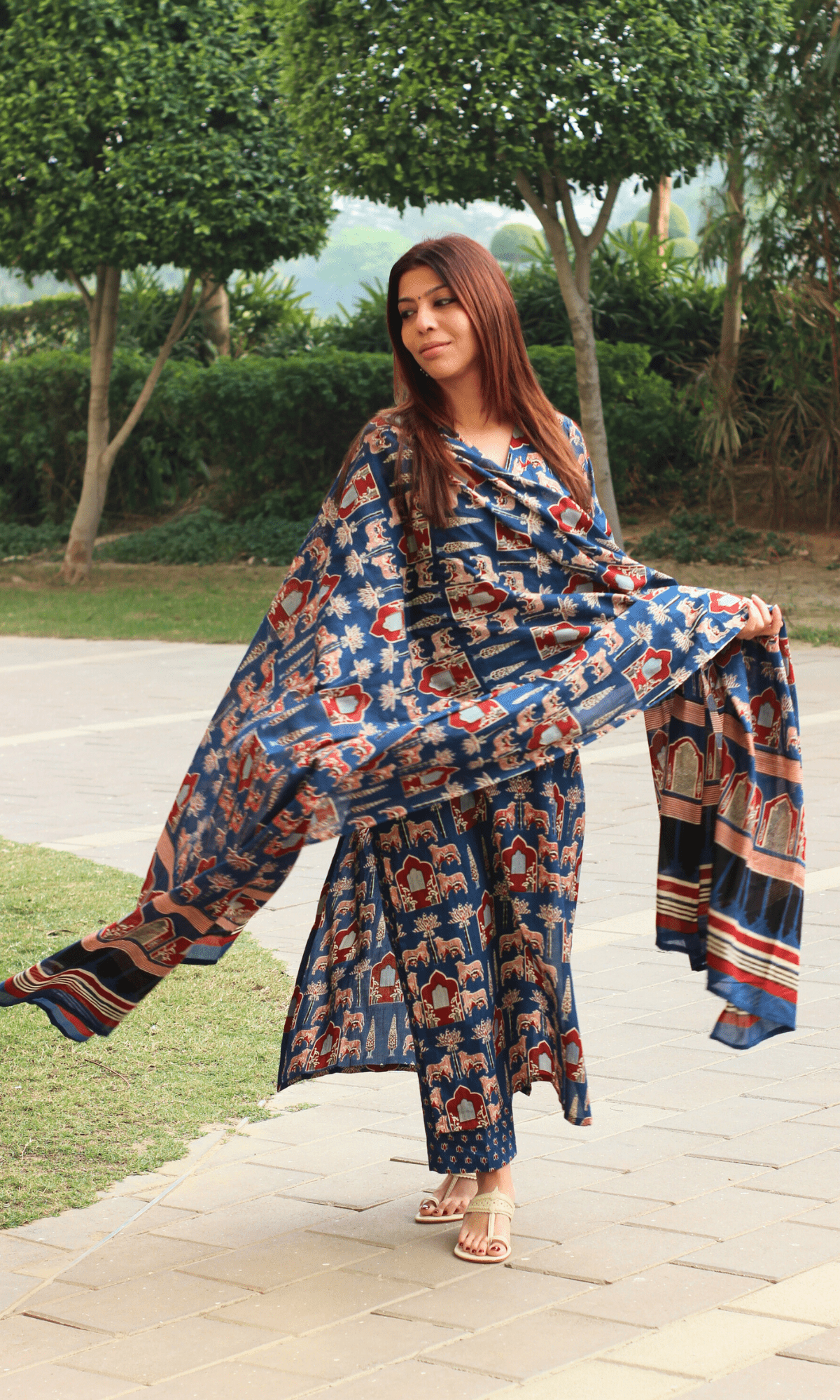 Cotton Blue Fort Print Suit with Cotton Dupatta