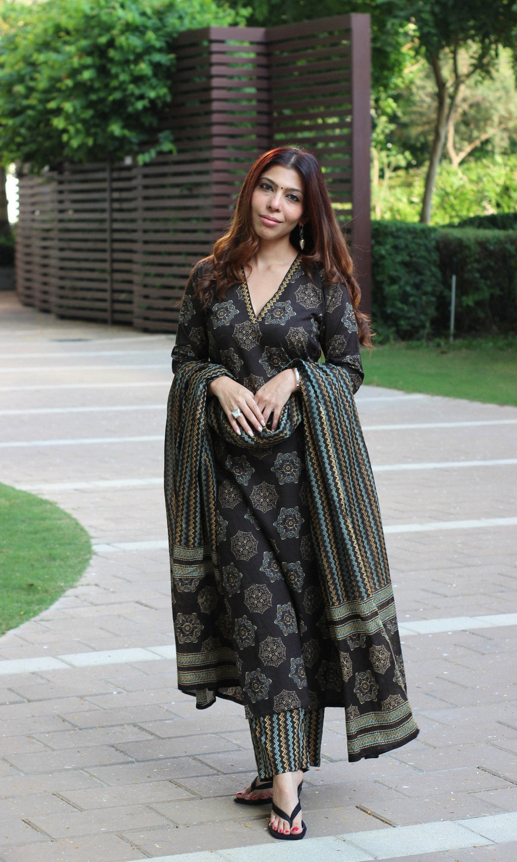 Cotton Brown Diamond Printed Suit Set with Cotton Printed Dupatta