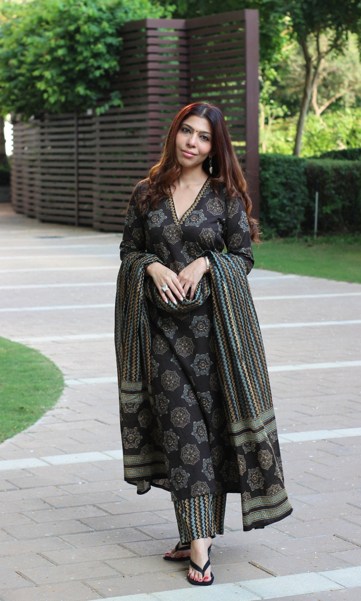 Cotton Brown Diamond Printed Suit Set with Cotton Printed Dupatta