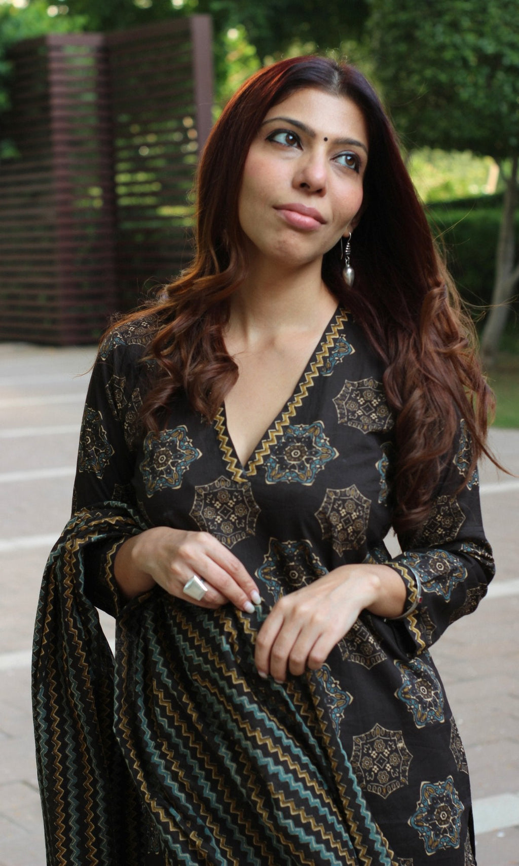 Cotton Brown Diamond Printed Suit Set with Cotton Printed Dupatta