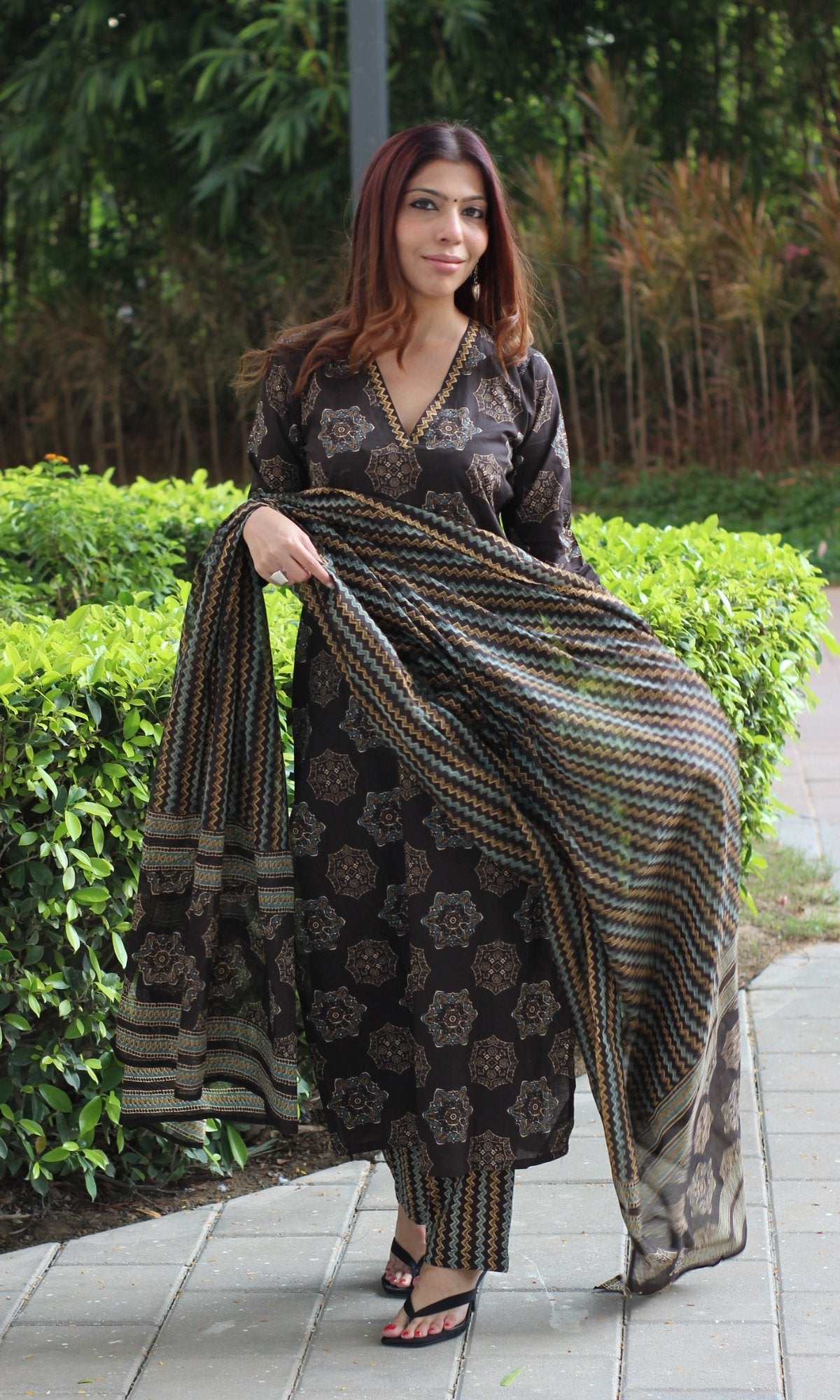 Cotton Brown Diamond Printed Suit Set with Cotton Printed Dupatta