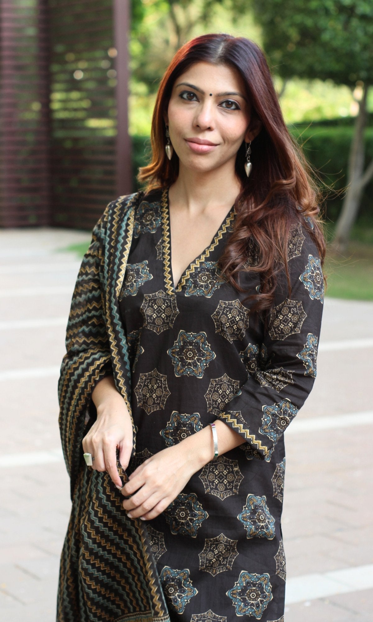 Cotton Brown Diamond Printed Suit Set with Cotton Printed Dupatta