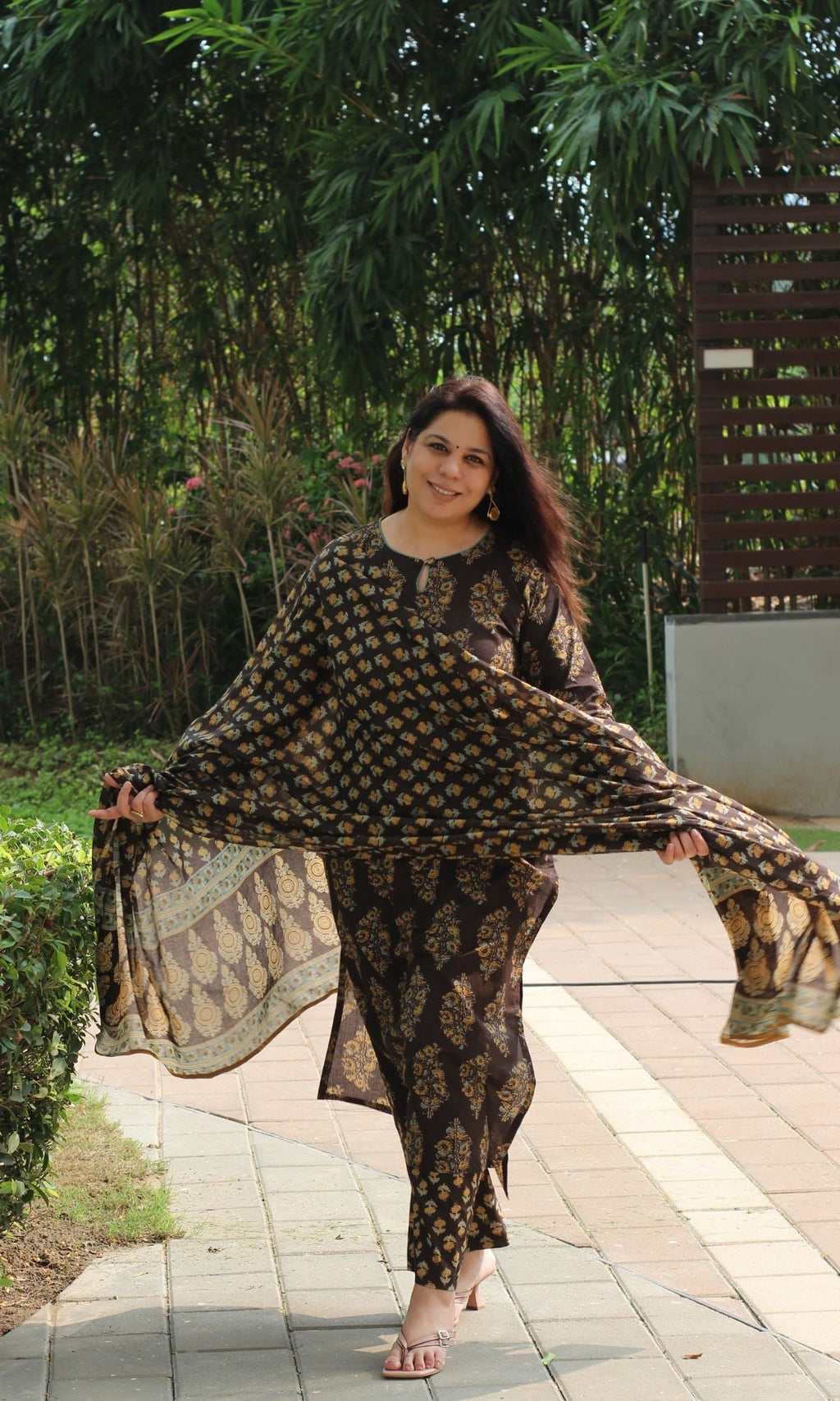 Cotton Brown & Mustard Mughal Suit Set and Printed Dupatta