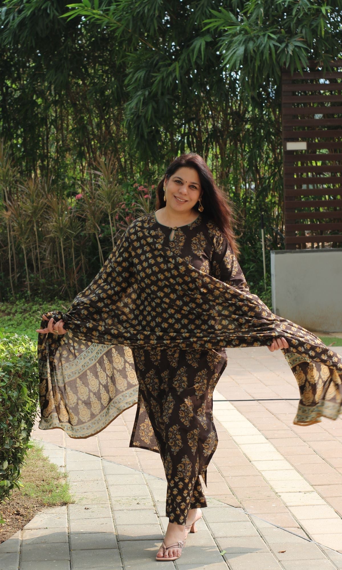Cotton Brown & Mustard Mughal Suit Set and Printed Dupatta