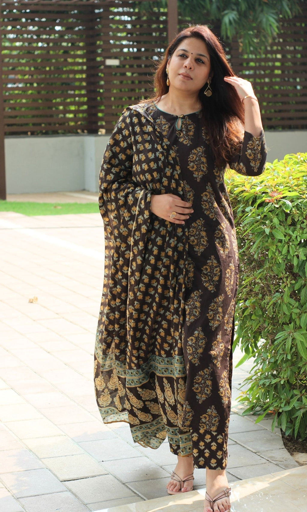 Cotton Brown & Mustard Mughal Suit Set and Printed Dupatta