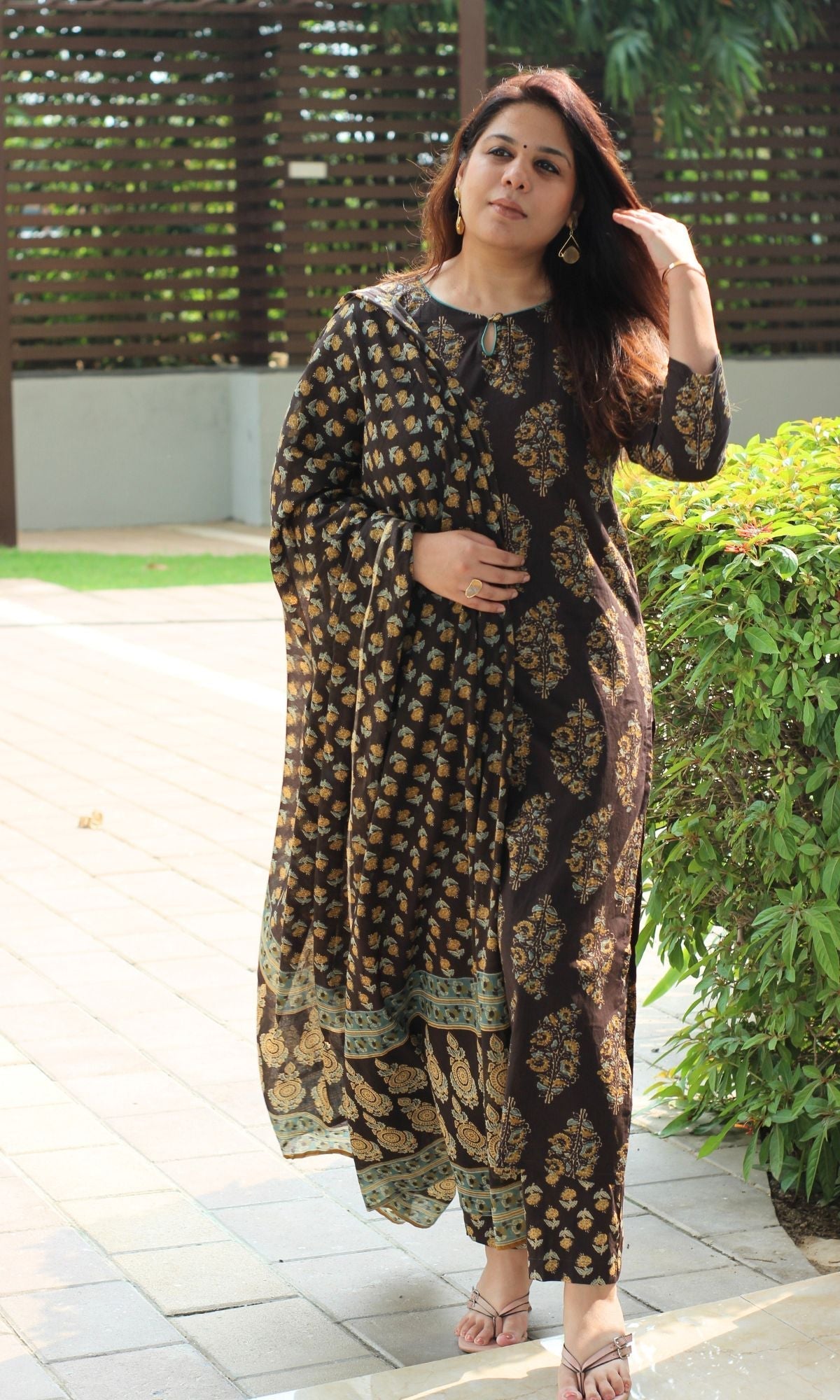 Cotton Brown & Mustard Mughal Suit Set and Printed Dupatta