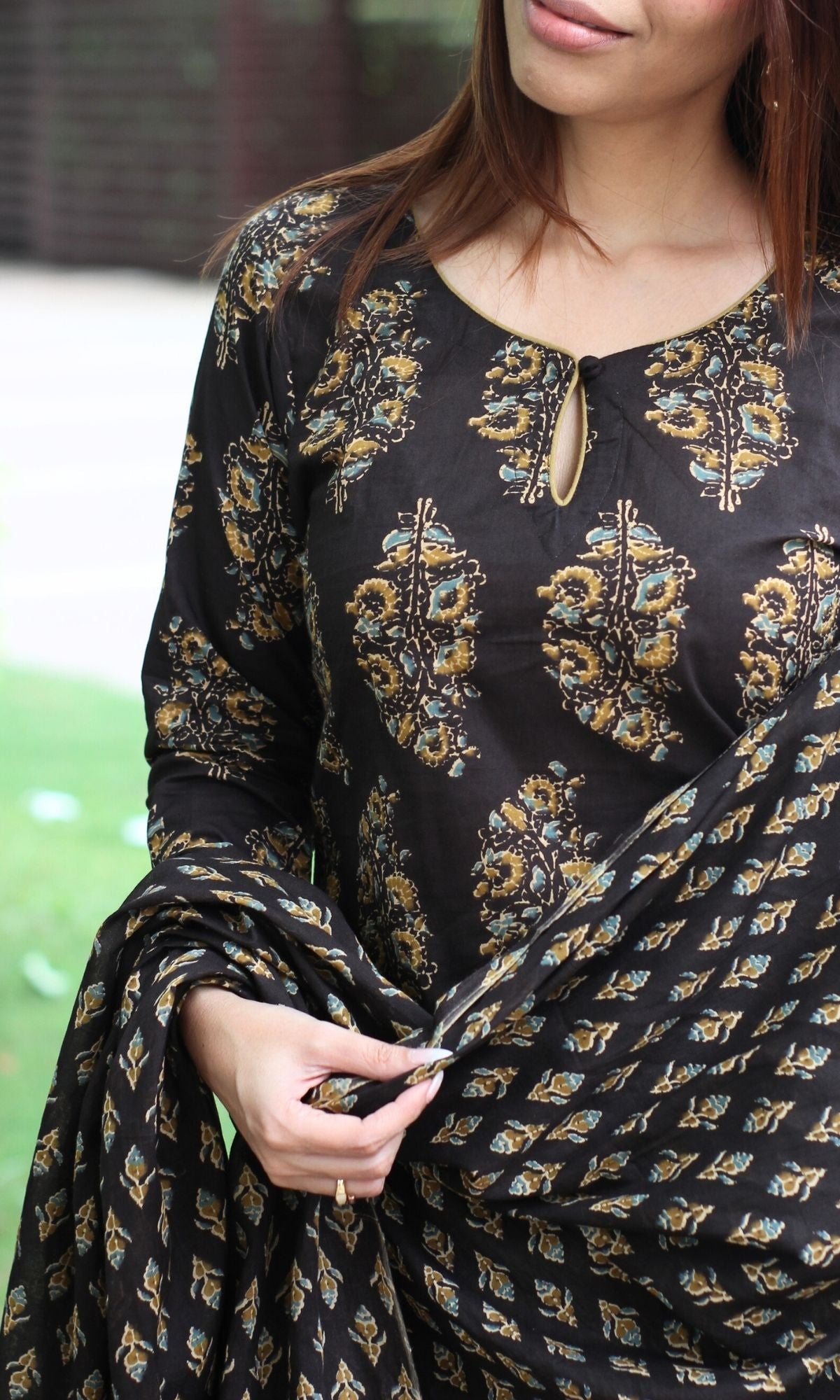 Cotton Brown & Mustard Mughal Suit Set and Printed Dupatta