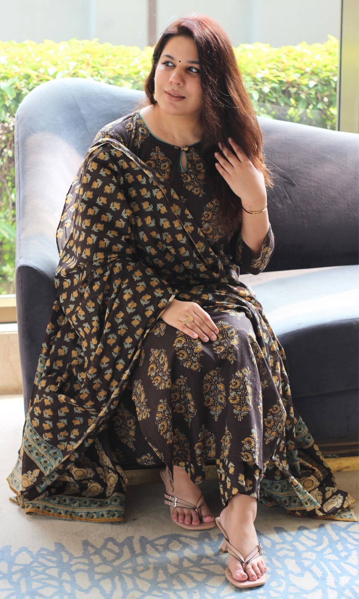 Cotton Brown & Mustard Mughal Suit Set and Printed Dupatta