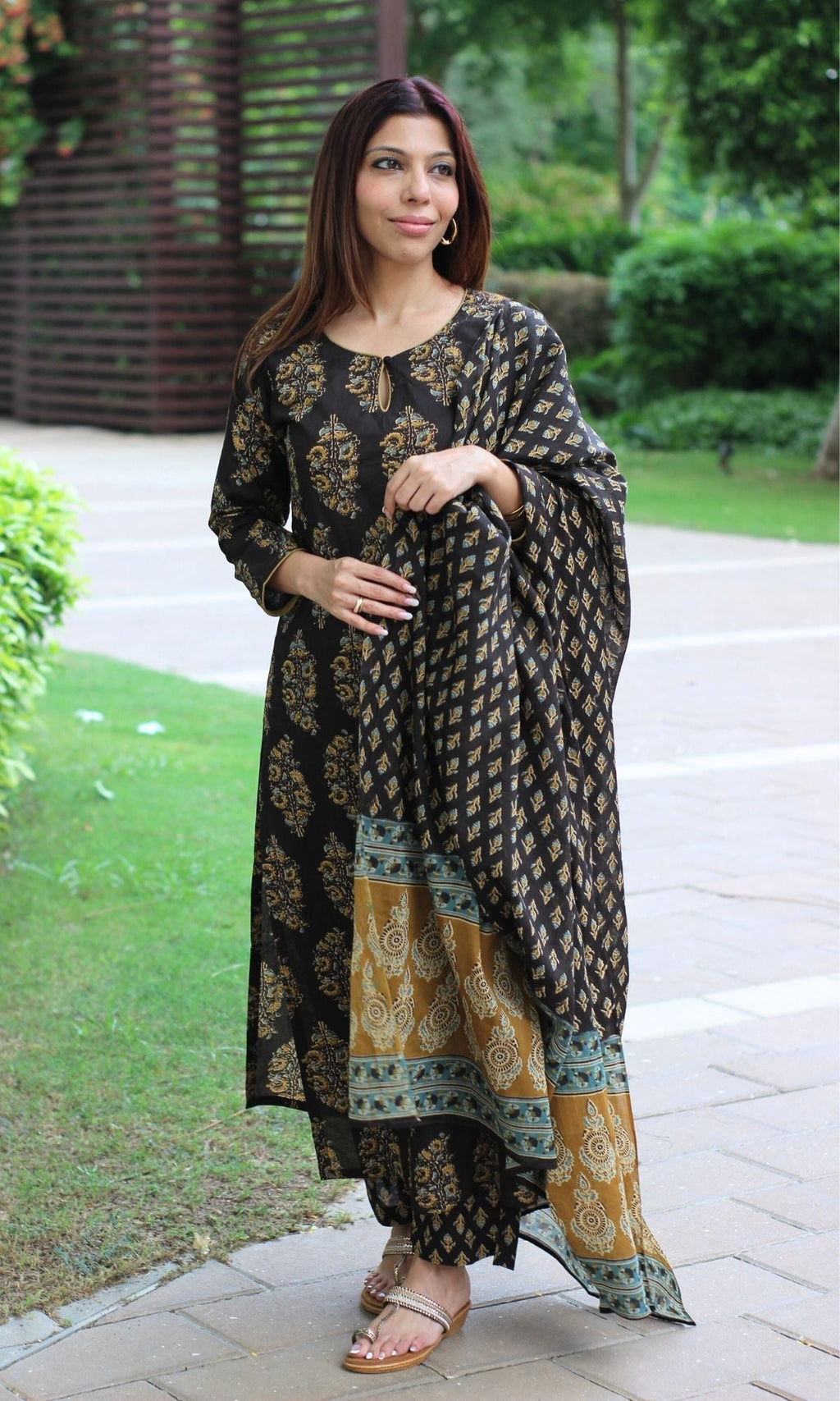 Cotton Brown & Mustard Mughal Suit Set and Printed Dupatta