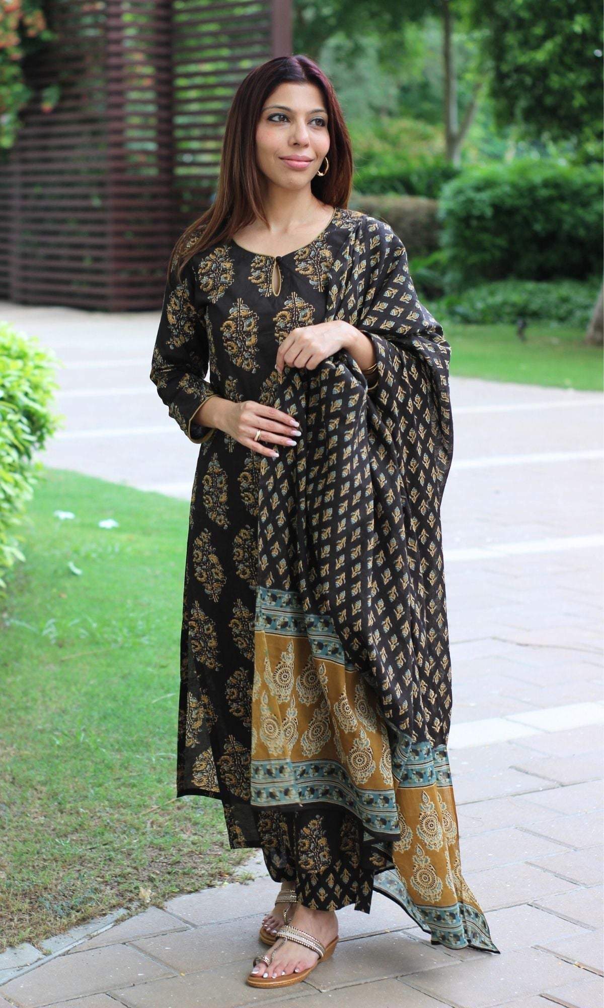 Cotton Brown & Mustard Mughal Suit Set and Printed Dupatta