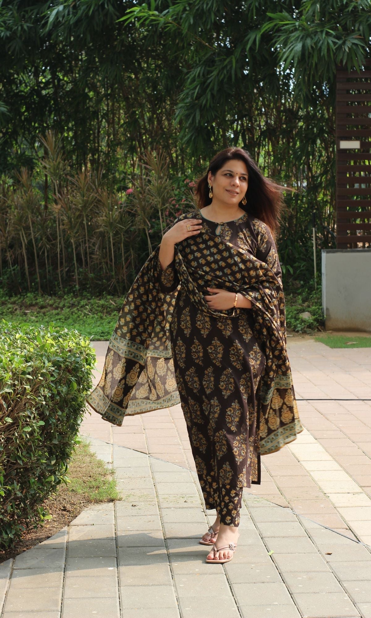 Cotton Brown & Mustard Mughal Suit Set and Printed Dupatta