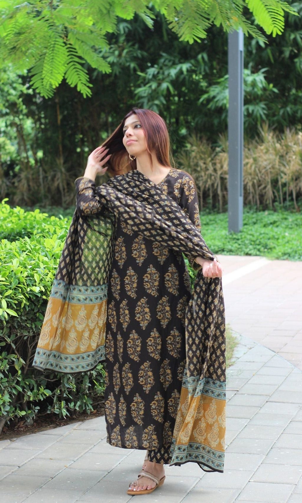 Cotton Brown & Mustard Mughal Suit Set and Printed Dupatta
