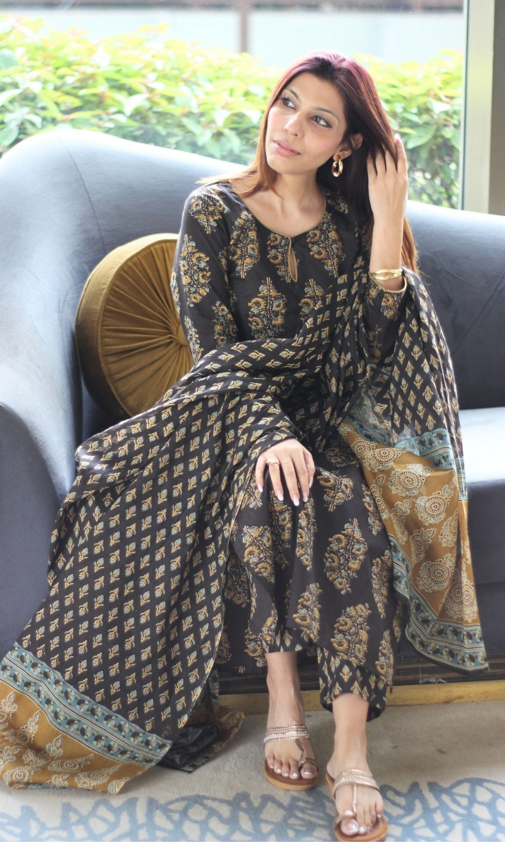 Cotton Brown & Mustard Mughal Suit Set and Printed Dupatta