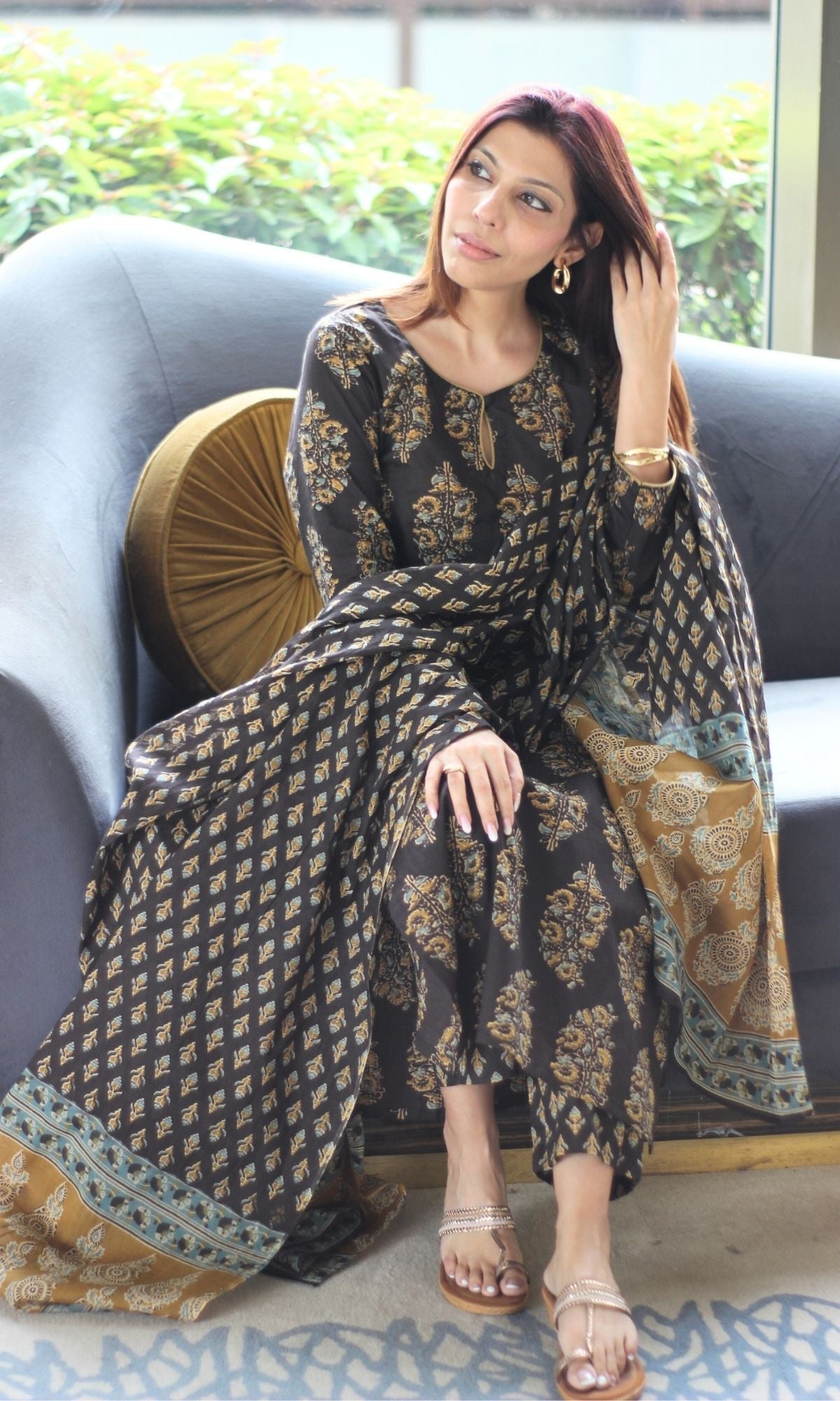 Cotton Brown & Mustard Mughal Suit Set and Printed Dupatta