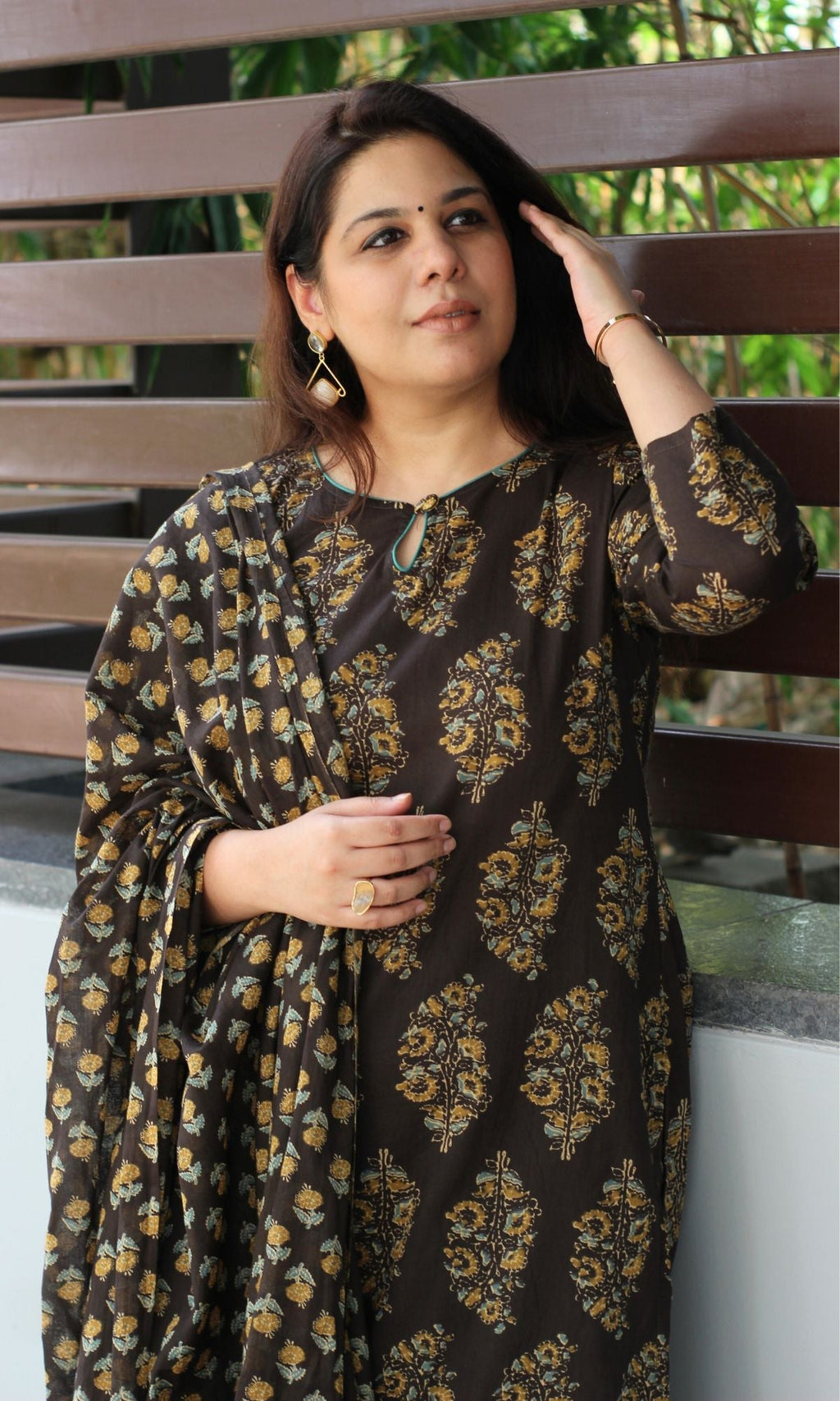 Cotton Brown & Mustard Mughal Suit Set and Printed Dupatta