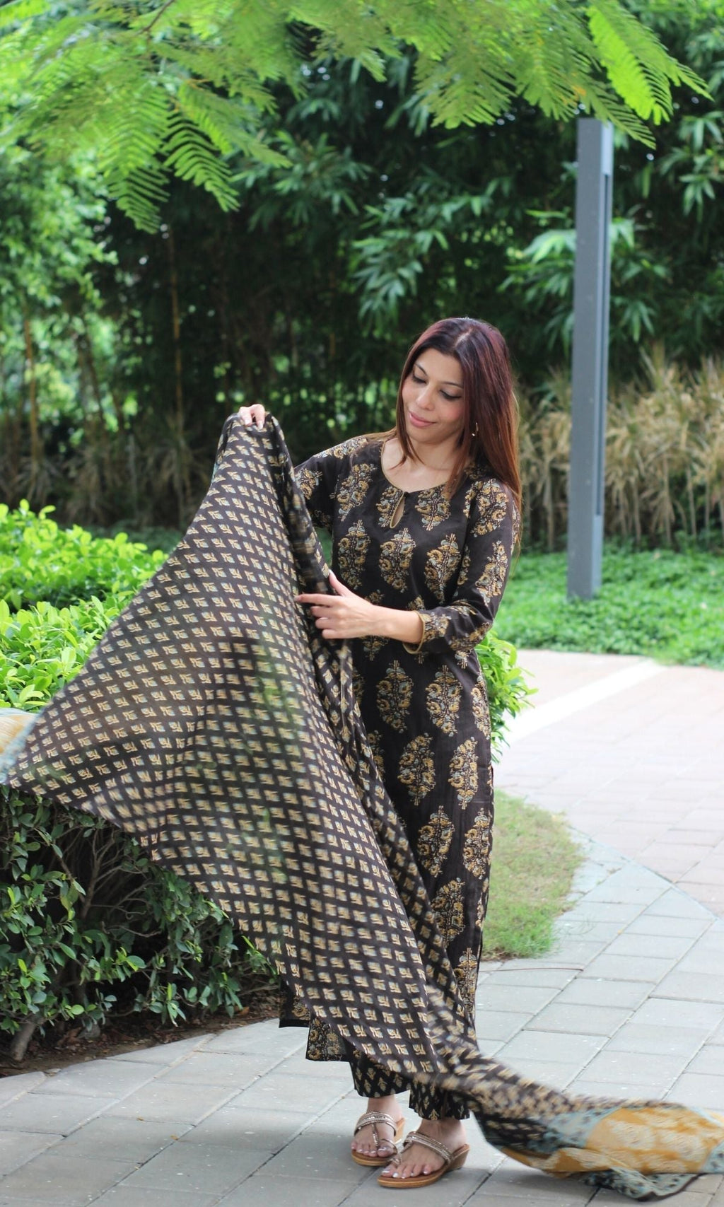 Cotton Brown & Mustard Mughal Suit Set and Printed Dupatta