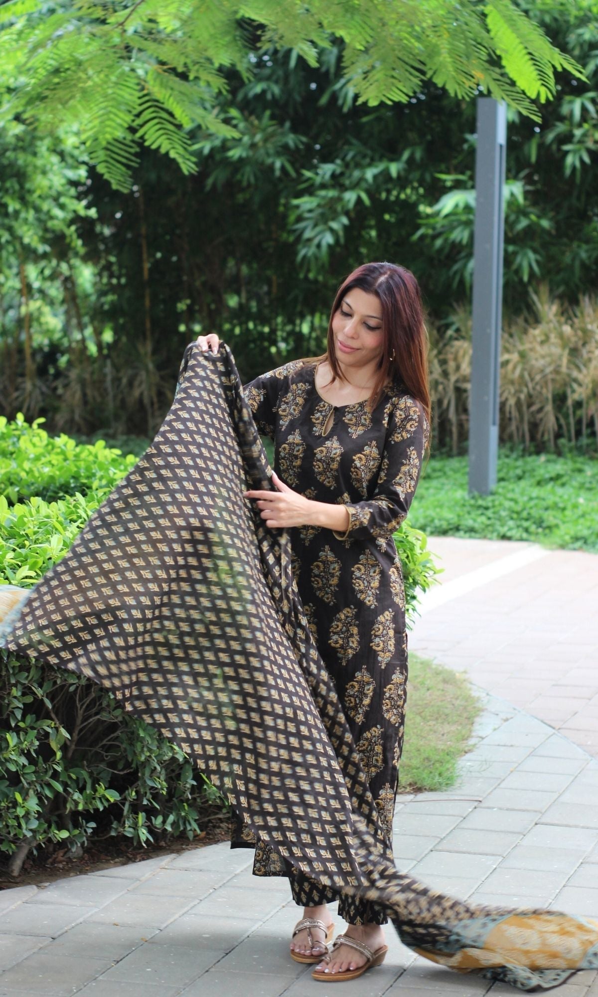 Cotton Brown & Mustard Mughal Suit Set and Printed Dupatta
