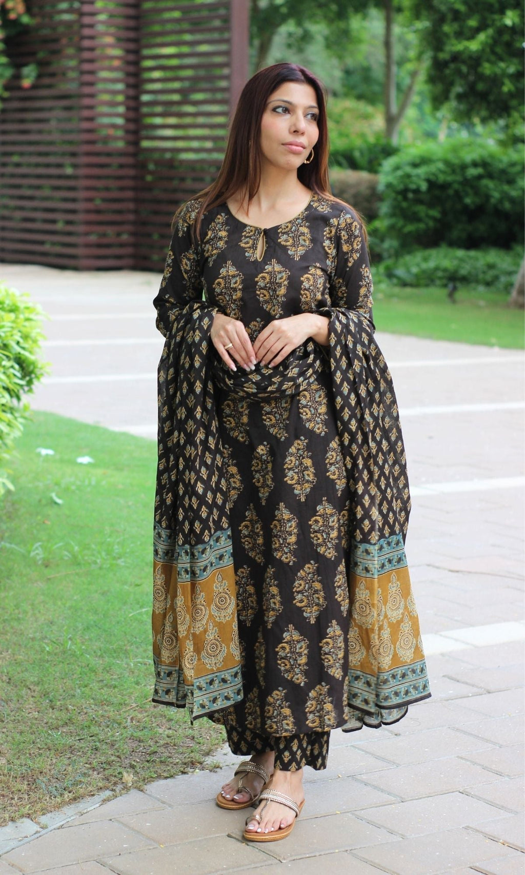 Cotton Brown & Mustard Mughal Suit Set and Printed Dupatta