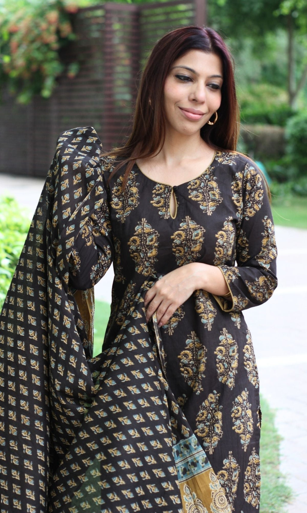 Cotton Brown & Mustard Mughal Suit Set and Printed Dupatta