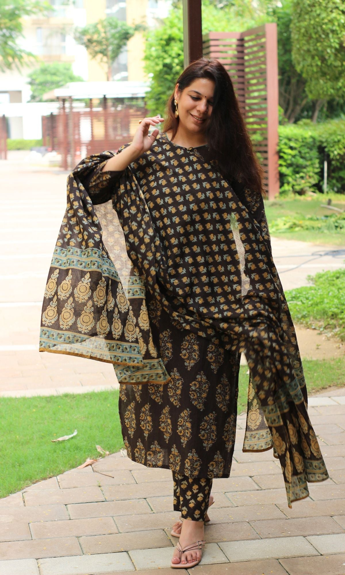 Cotton Brown & Mustard Mughal Suit Set and Printed Dupatta