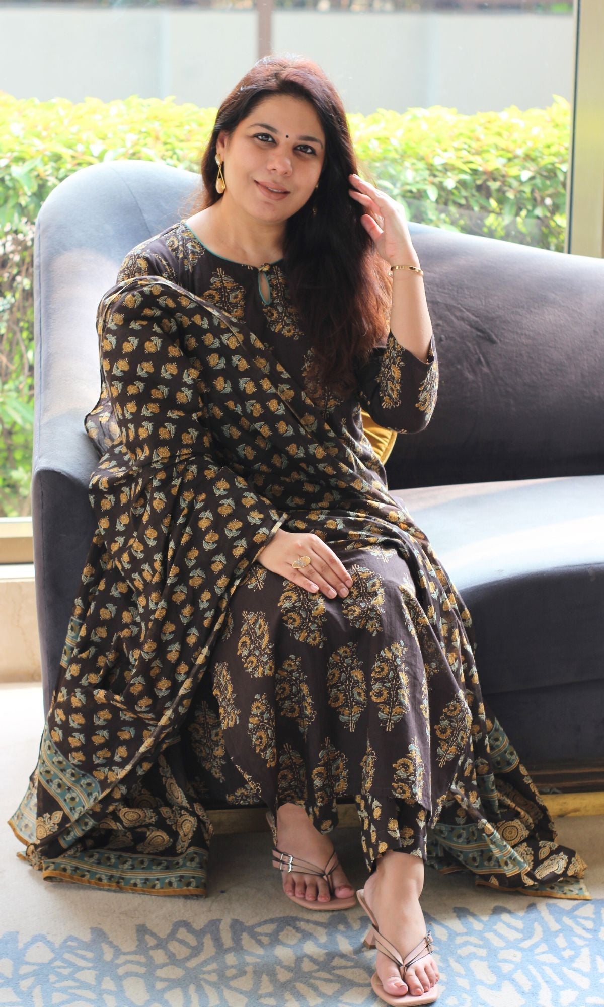 Cotton Brown & Mustard Mughal Suit Set and Printed Dupatta