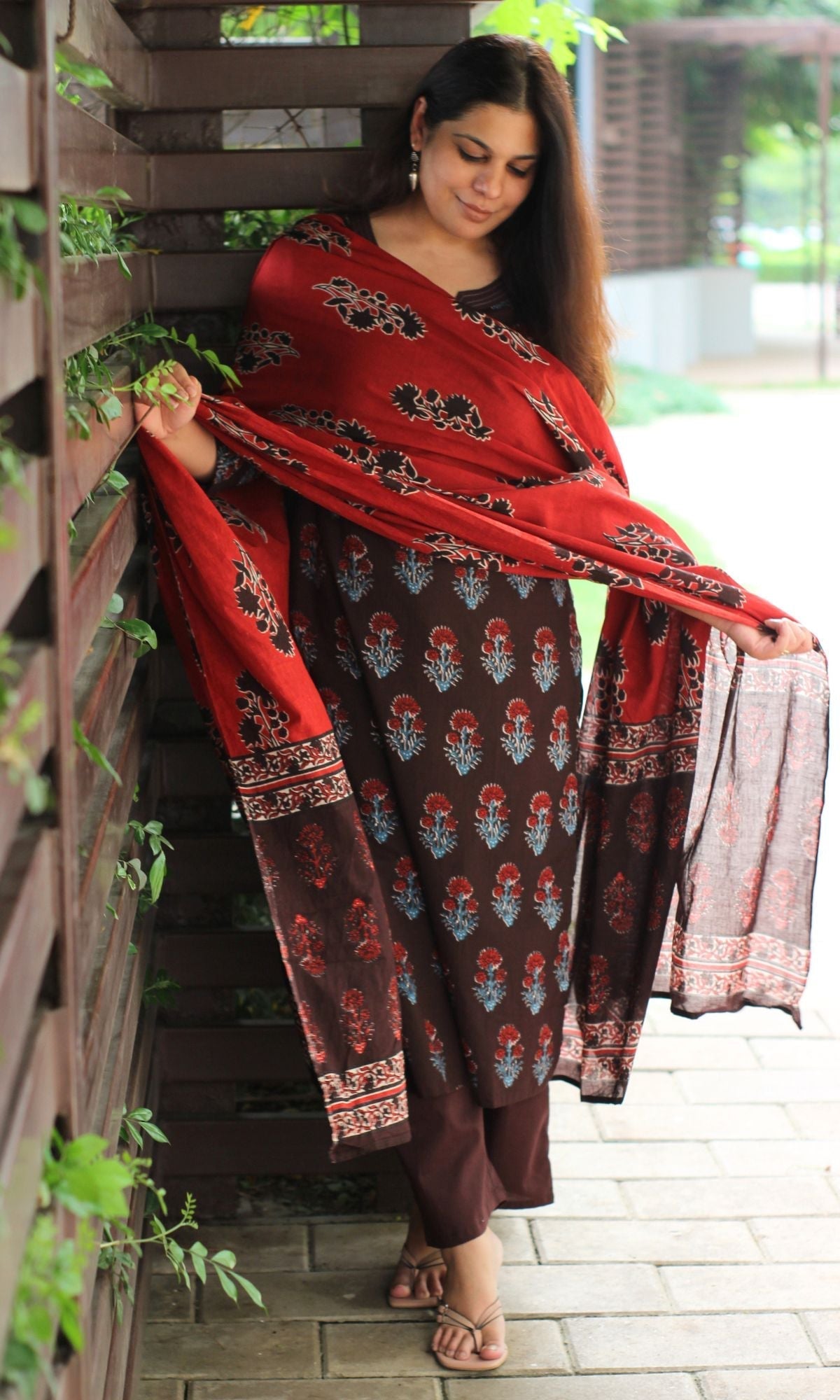Cotton Brown & Red Boota Print Suit Set with Cotton Printed Dupatta