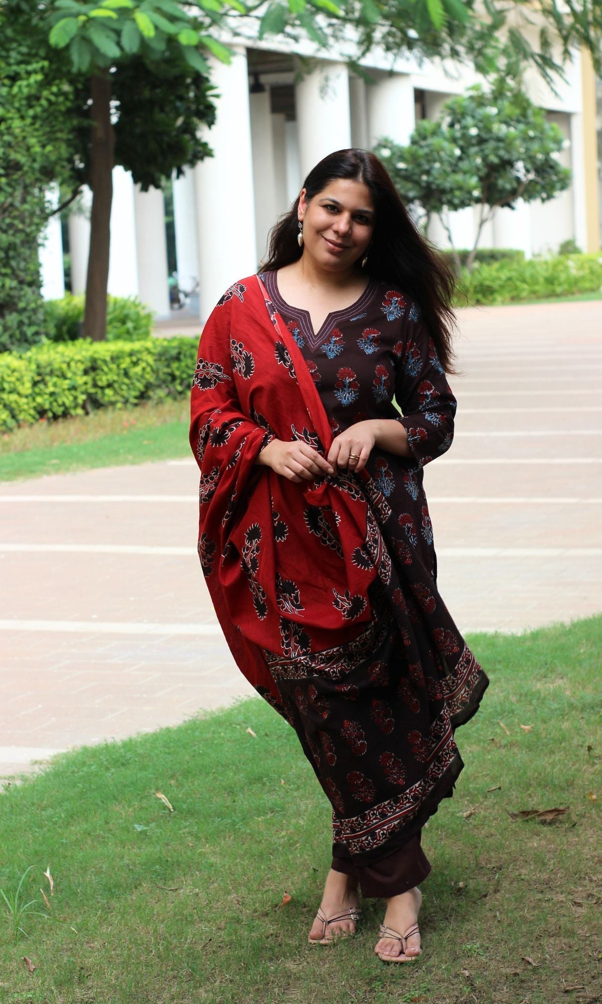 Cotton Brown & Red Boota Print Suit Set with Cotton Printed Dupatta