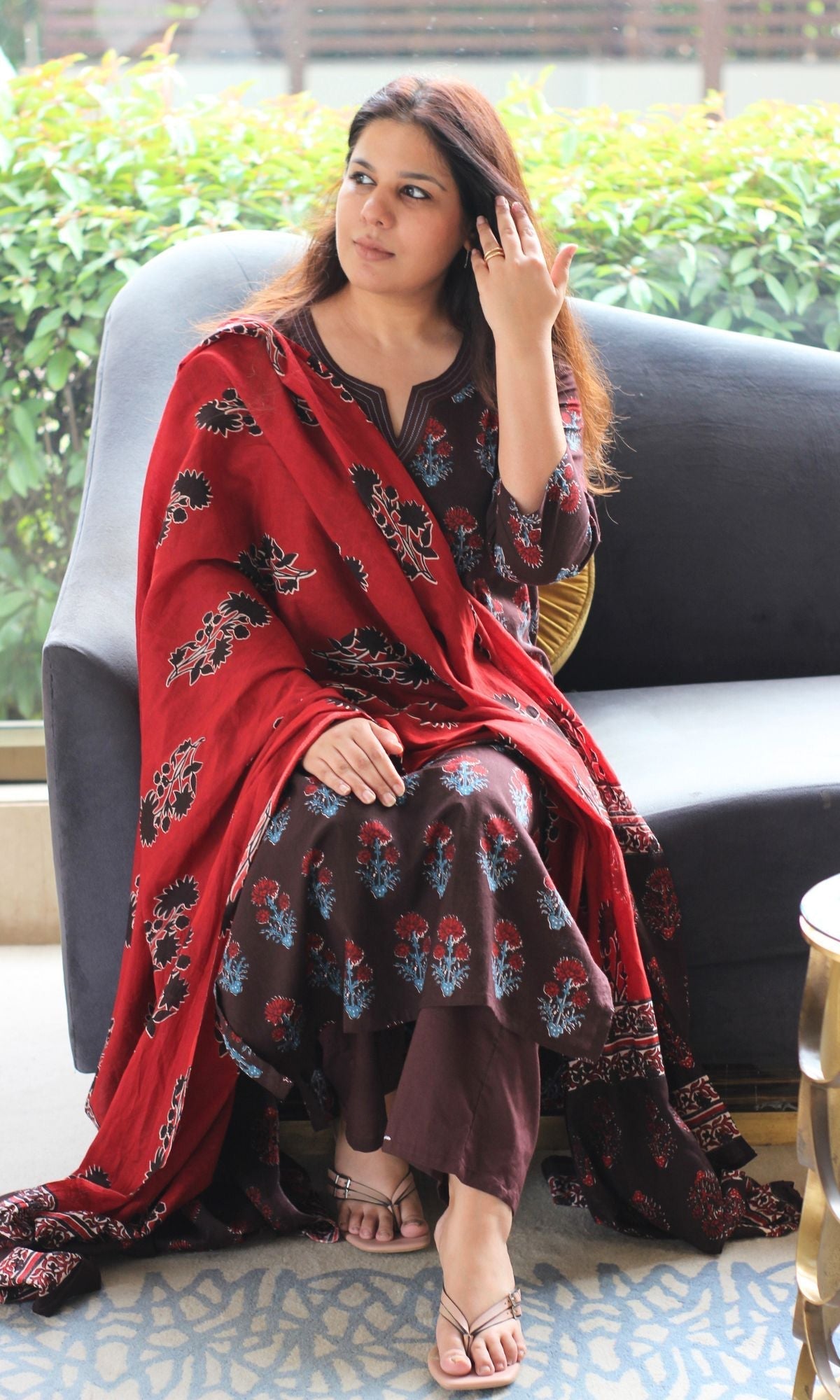 Cotton Brown & Red Boota Print Suit Set with Cotton Printed Dupatta