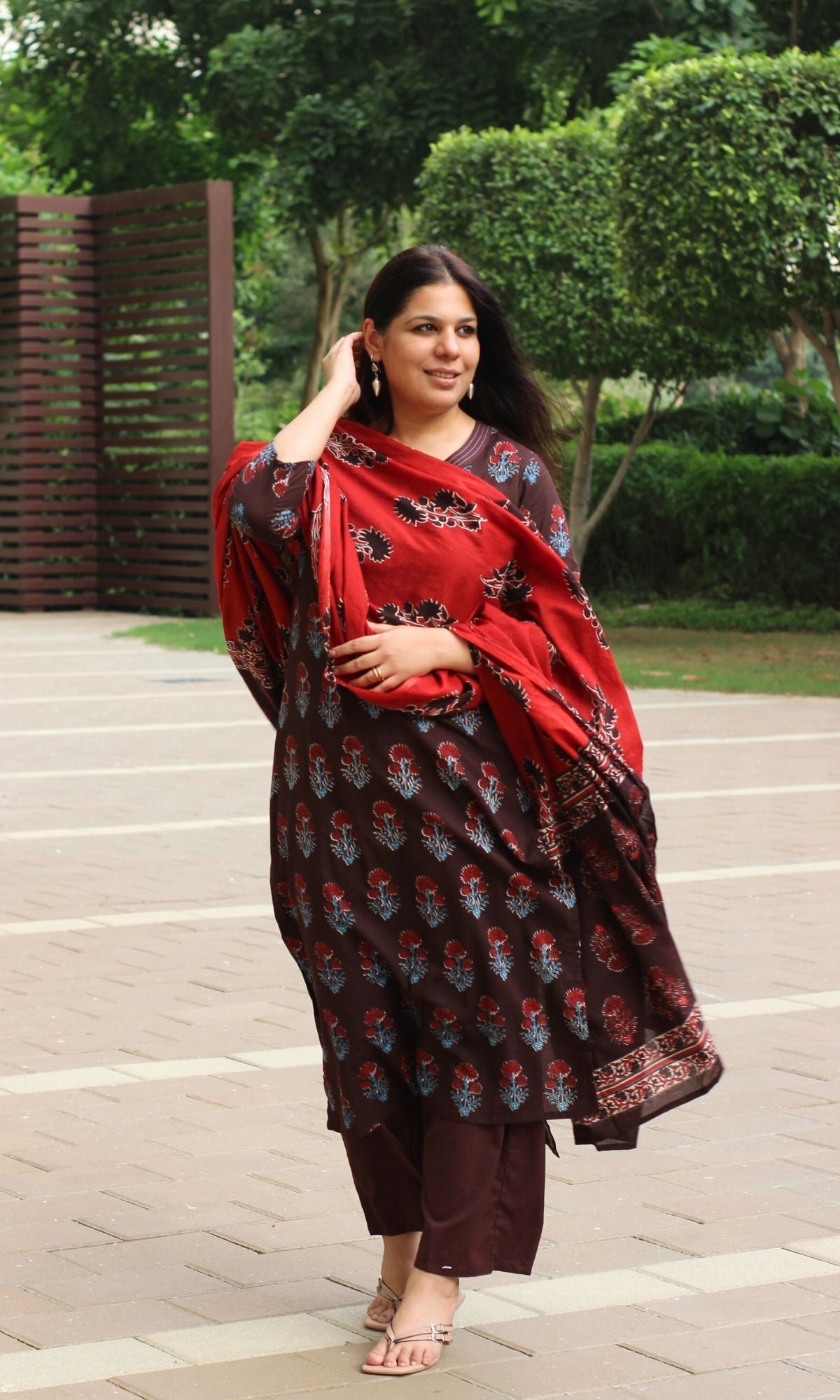Cotton Brown & Red Boota Print Suit Set with Cotton Printed Dupatta