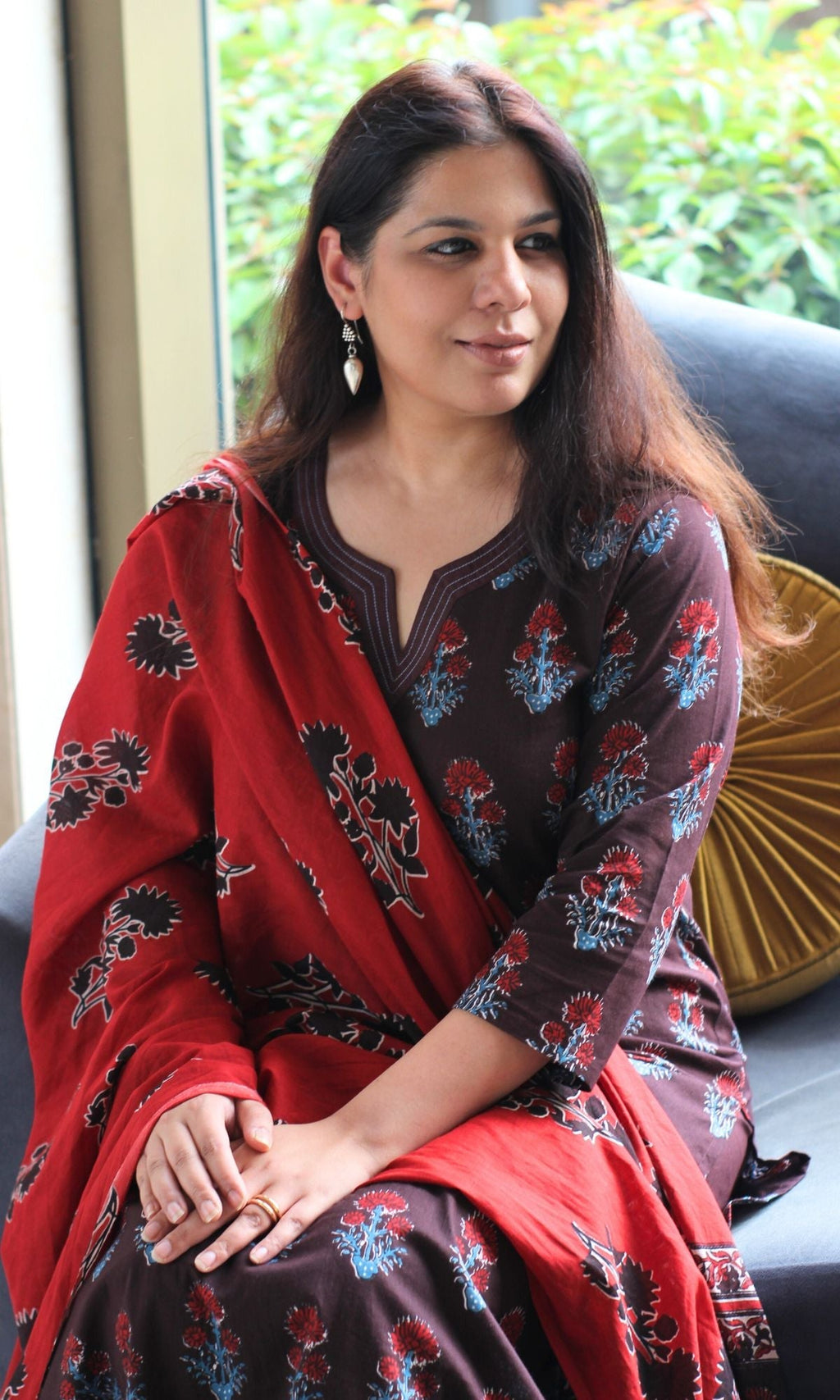 Cotton Brown & Red Boota Print Suit Set with Cotton Printed Dupatta