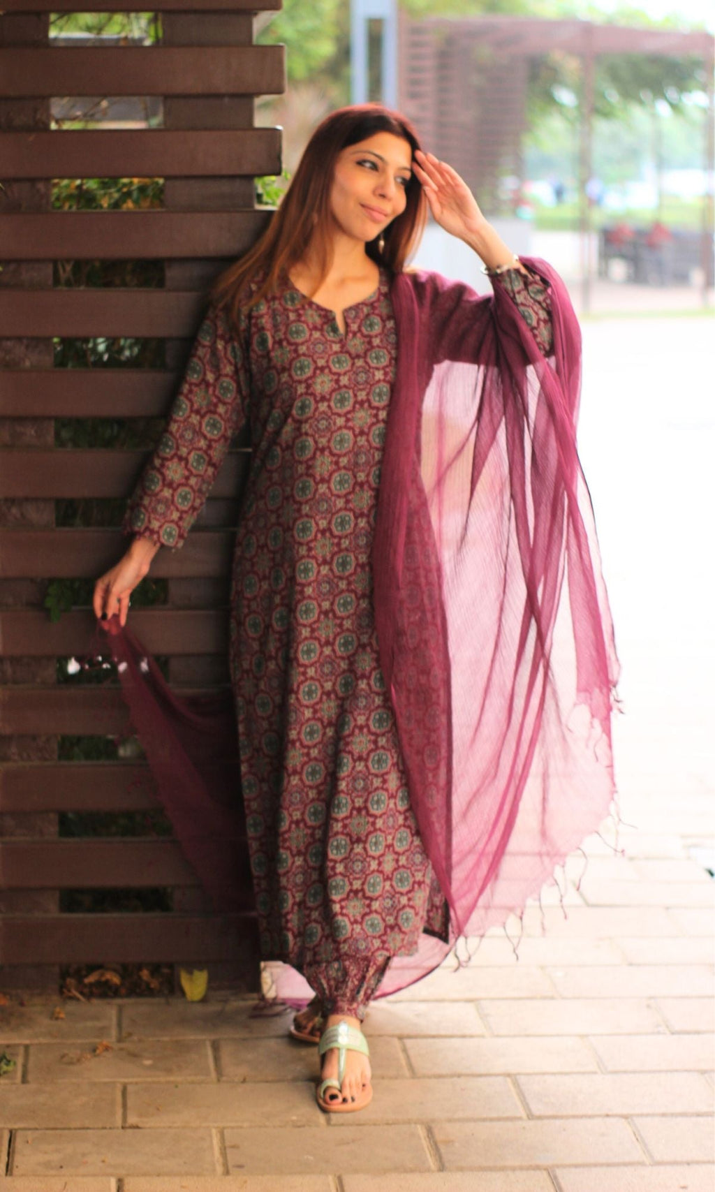 Cotton Burgundy Ajrakh Print Suit with Afghani Pants & Kota Doria Dupatta
