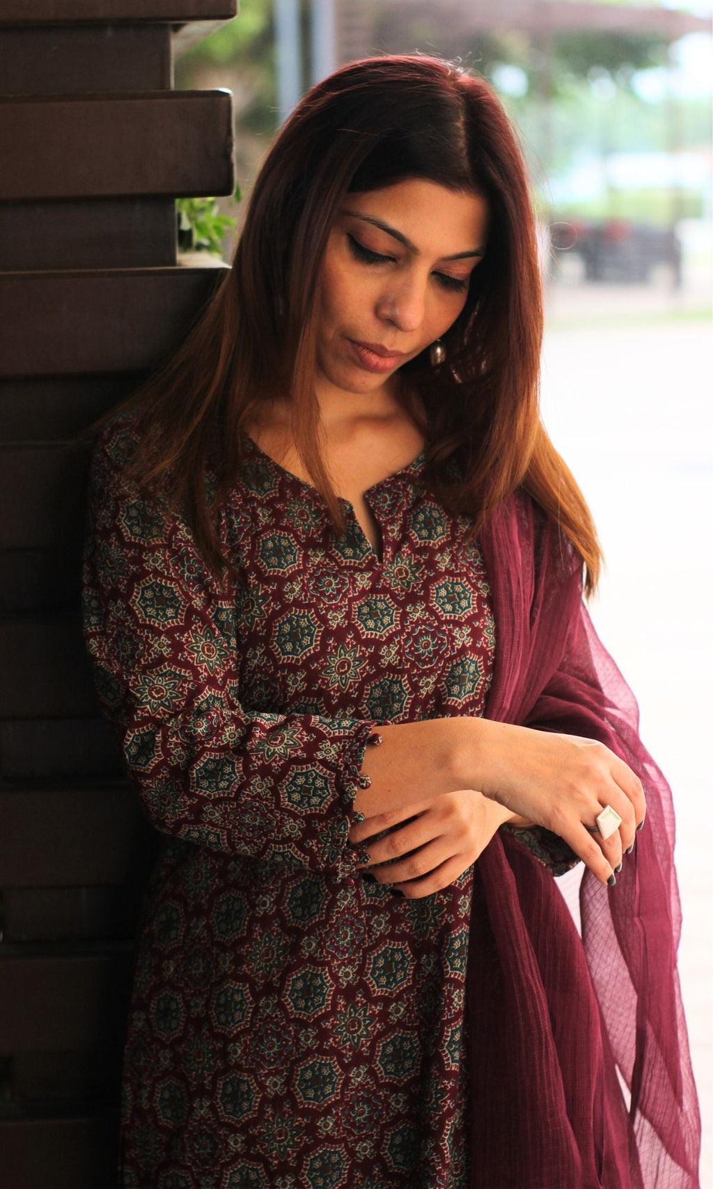 Cotton Burgundy Ajrakh Print Suit with Afghani Pants & Kota Doria Dupatta