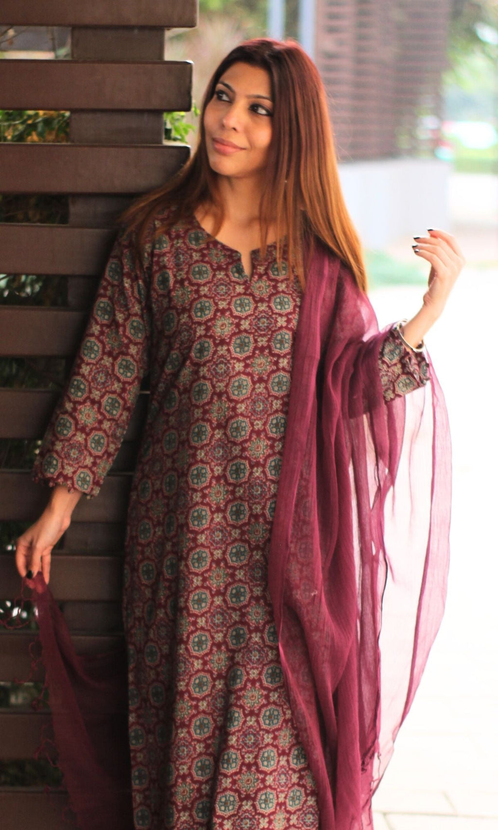 Cotton Burgundy Ajrakh Print Suit with Afghani Pants & Kota Doria Dupatta