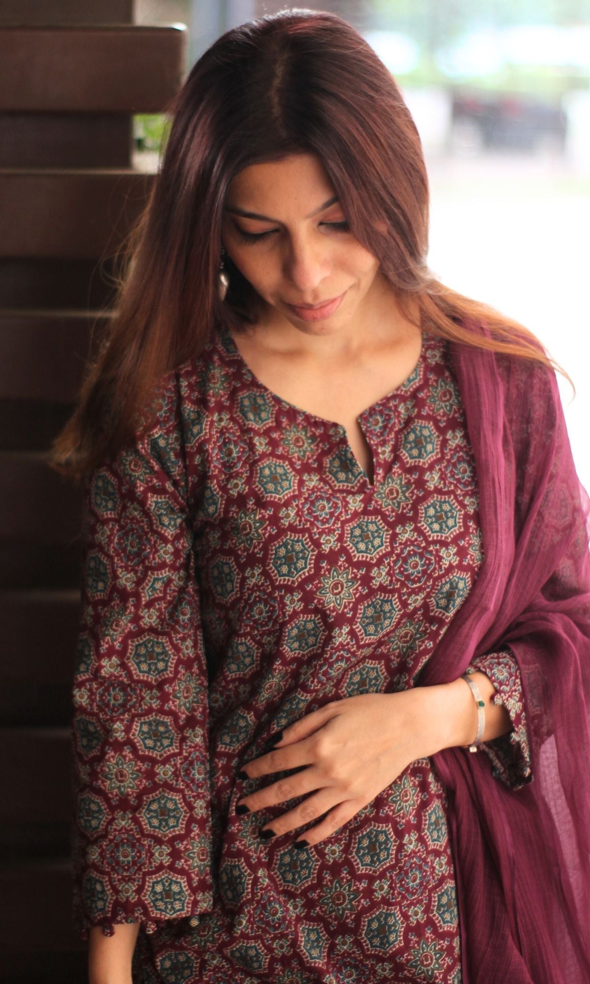 Cotton Burgundy Ajrakh Print Suit with Afghani Pants & Kota Doria Dupatta