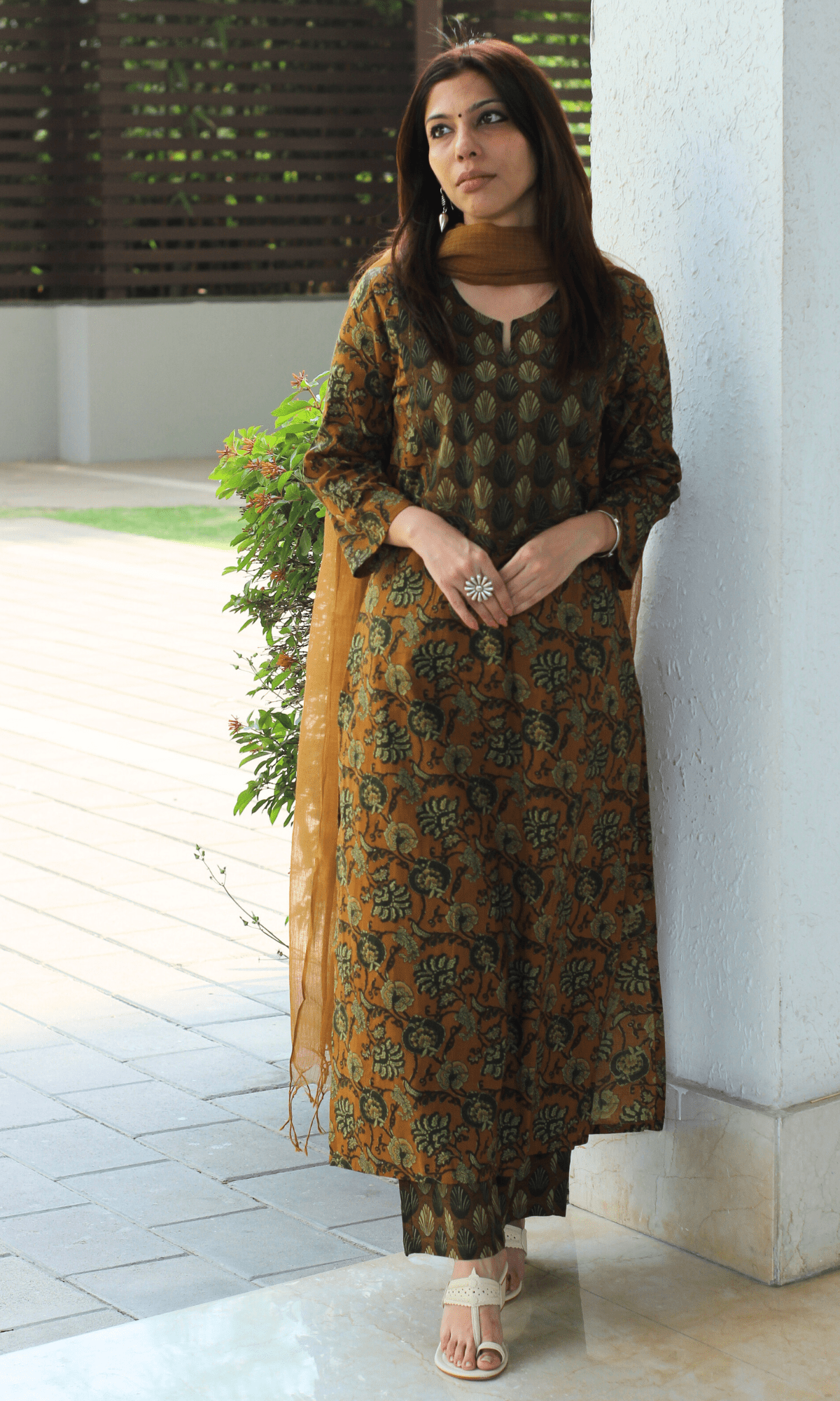 Cotton Copper Ajrakh Print Suit with Kota Doria Dupatta