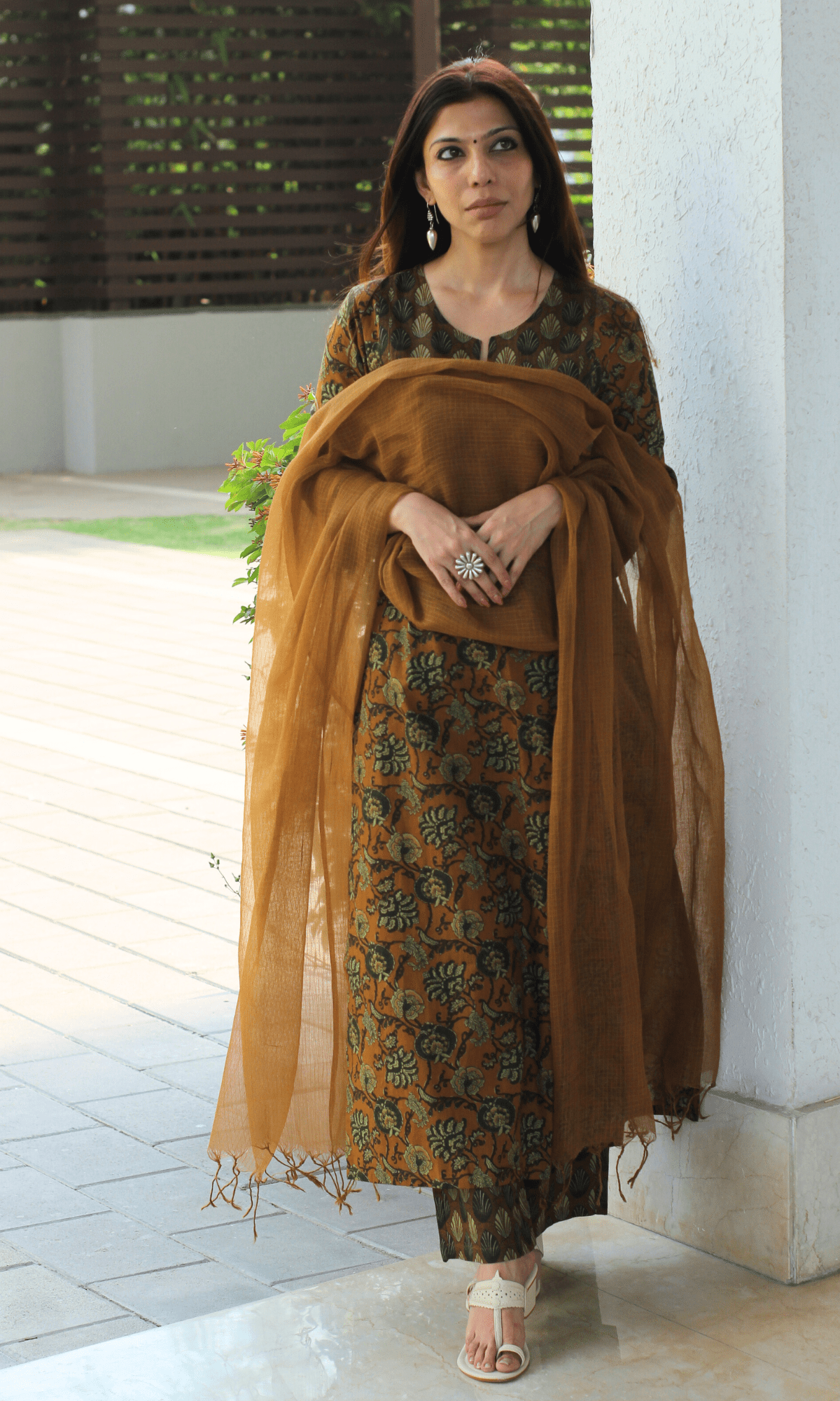 Cotton Copper Ajrakh Print Suit with Kota Doria Dupatta