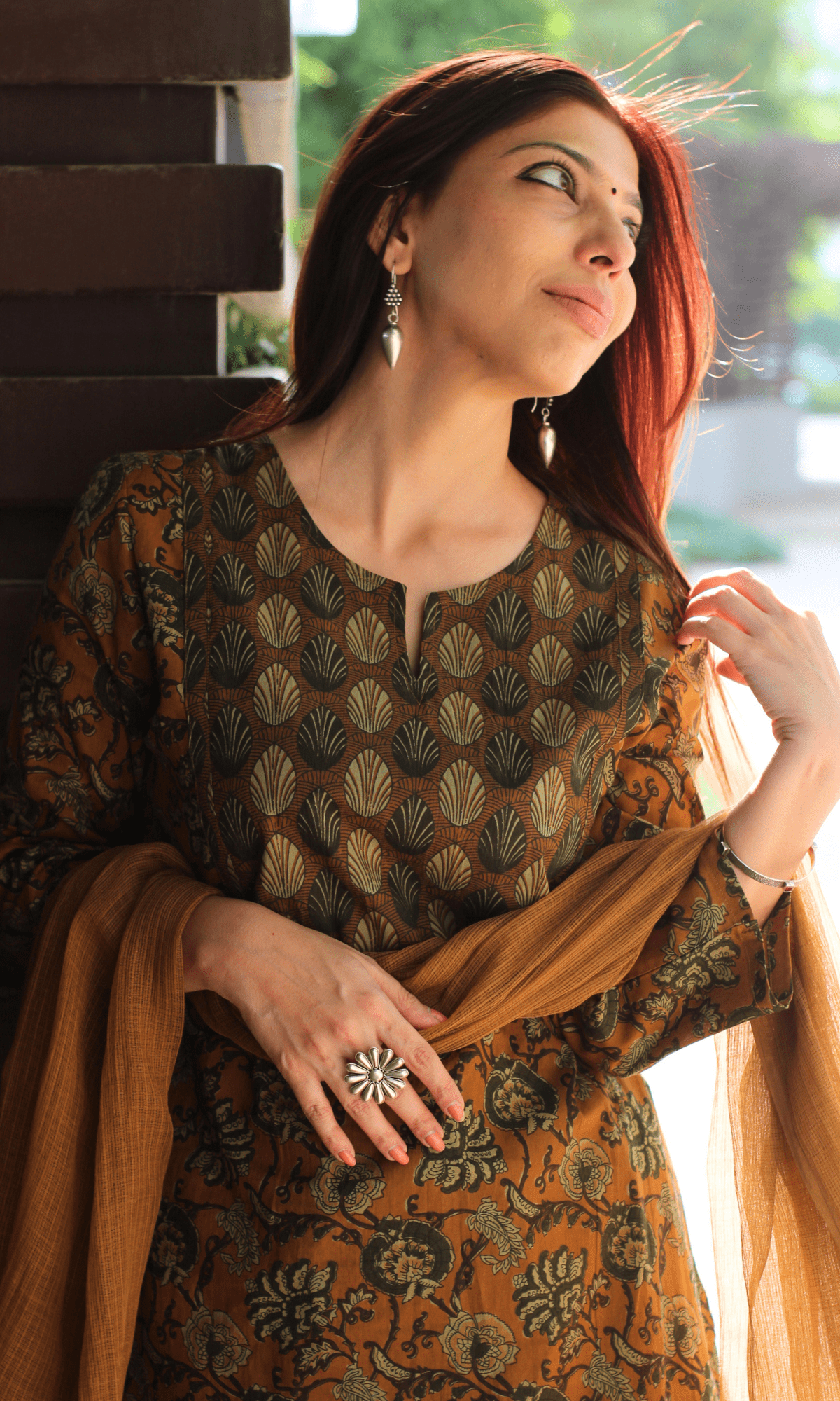 Cotton Copper Ajrakh Print Suit with Kota Doria Dupatta