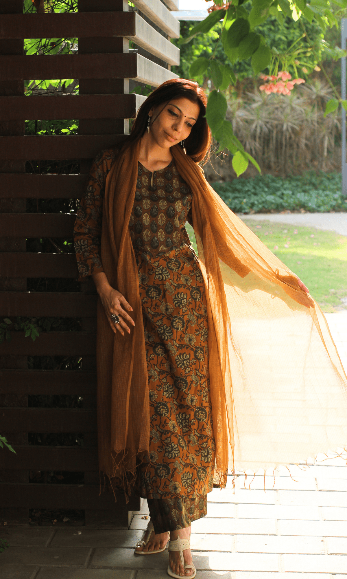 Cotton Copper Ajrakh Print Suit with Kota Doria Dupatta