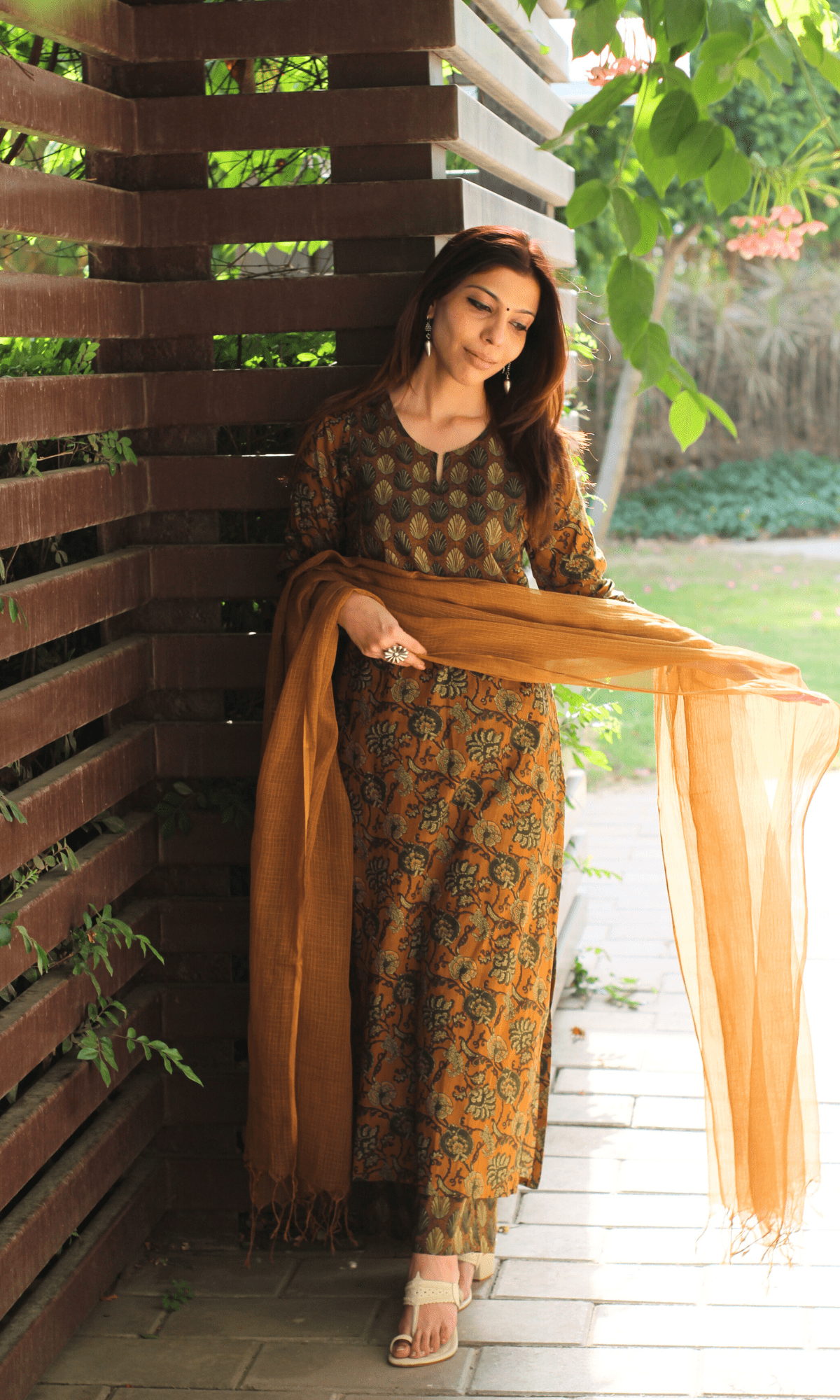 Cotton Copper Ajrakh Print Suit with Kota Doria Dupatta