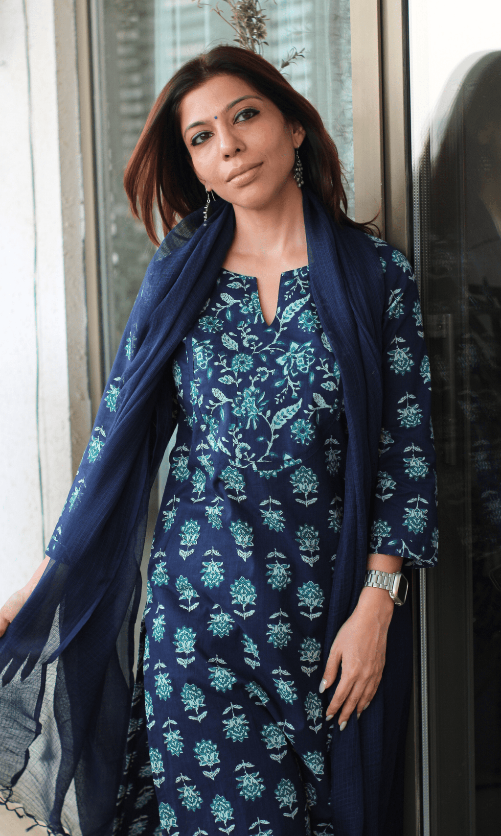 Cotton Deep Blue Sanganeri Print Suit with Kota Doria Dupatta