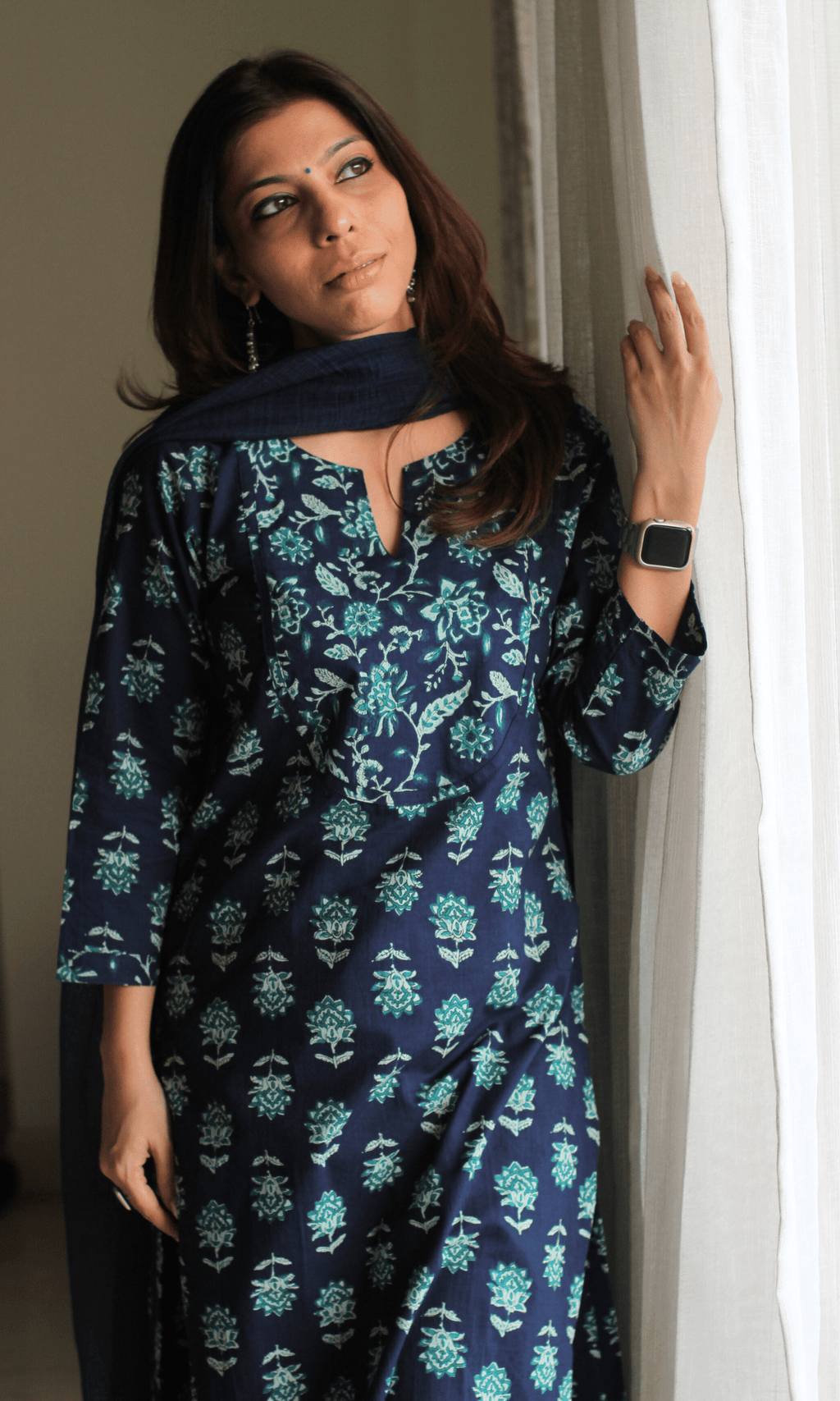 Cotton Deep Blue Sanganeri Print Suit with Kota Doria Dupatta