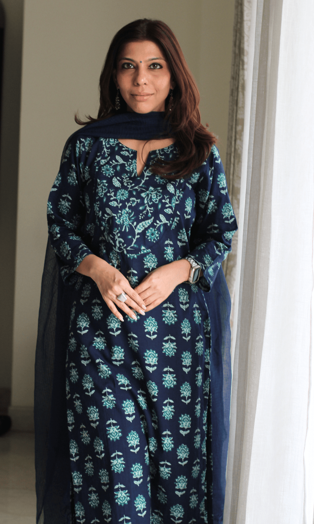 Cotton Deep Blue Sanganeri Print Suit with Kota Doria Dupatta