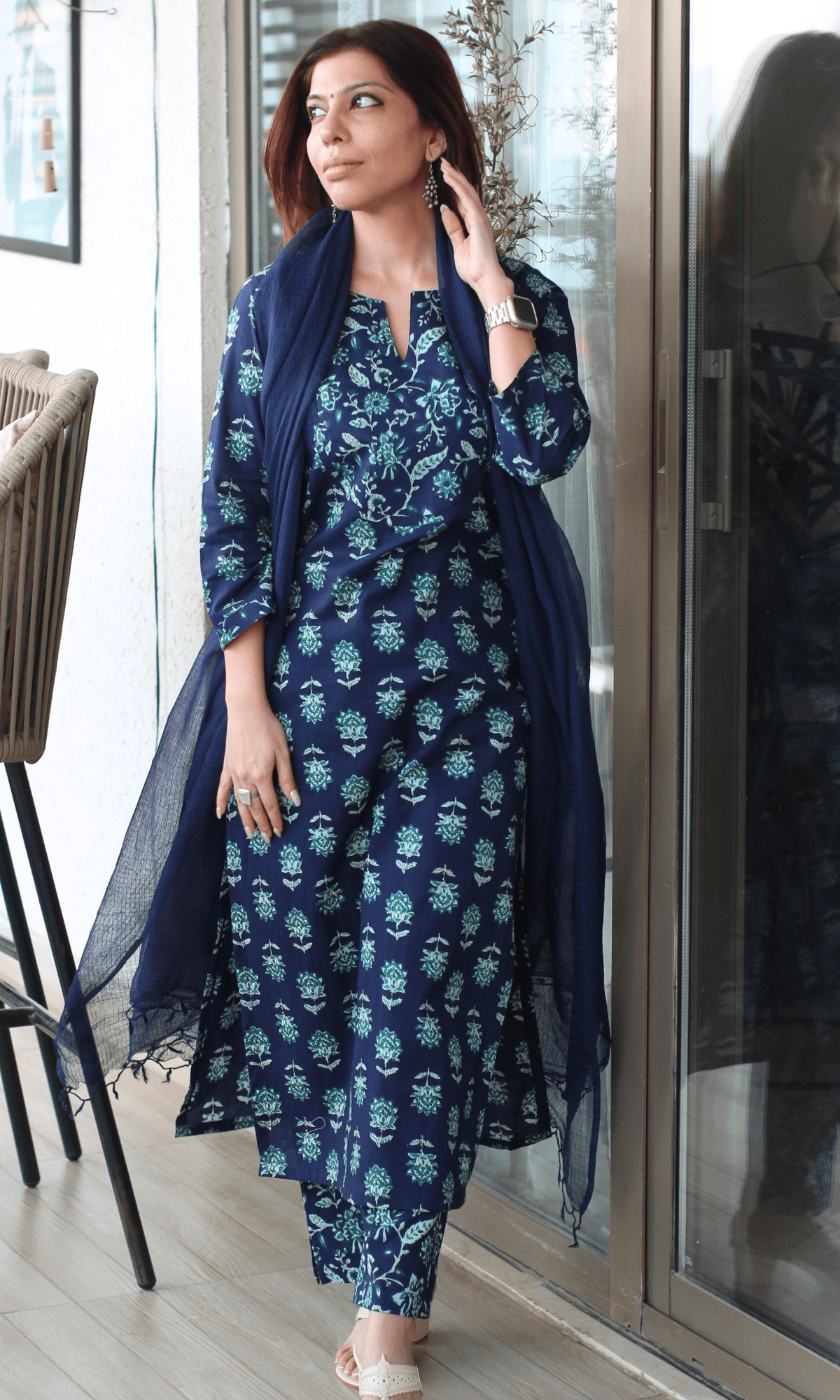 Cotton Deep Blue Sanganeri Print Suit with Kota Doria Dupatta