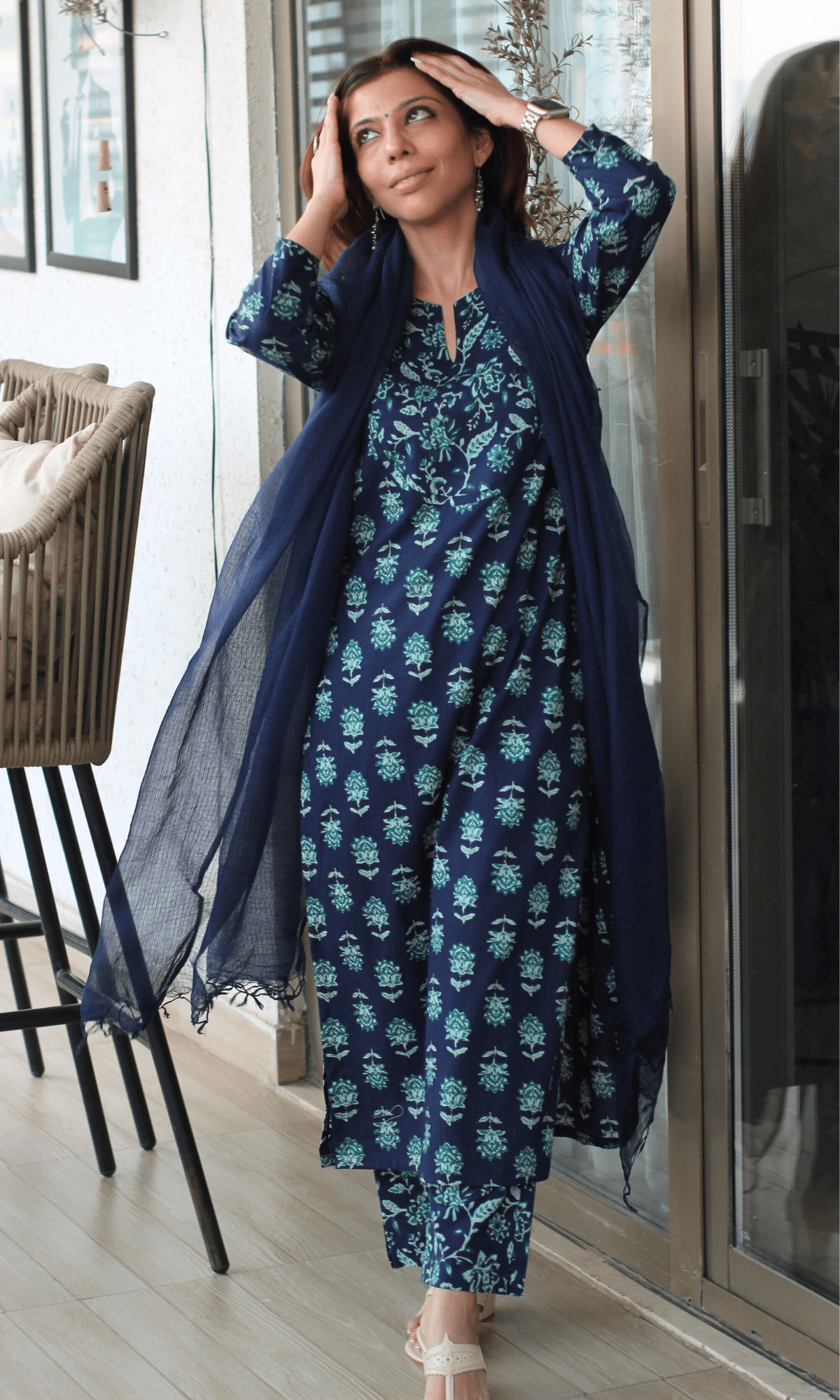Cotton Deep Blue Sanganeri Print Suit with Kota Doria Dupatta