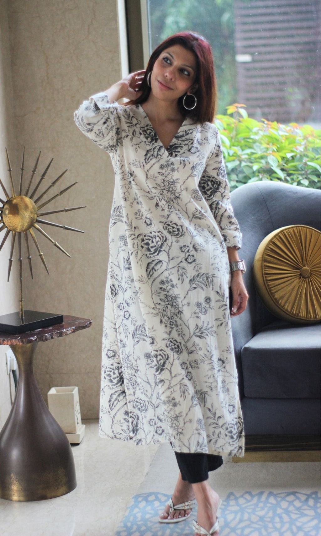 Cotton Flex White & Black Printed Kurta
