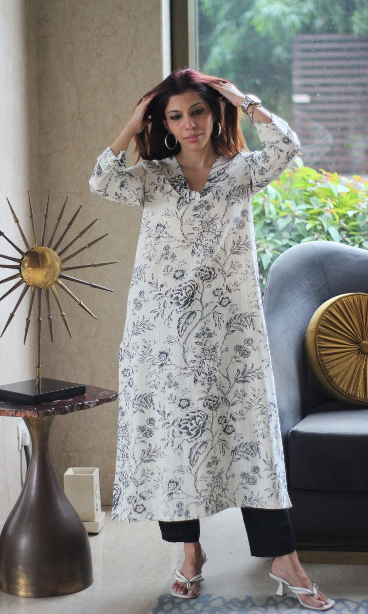 Cotton Flex White & Black Printed Kurta