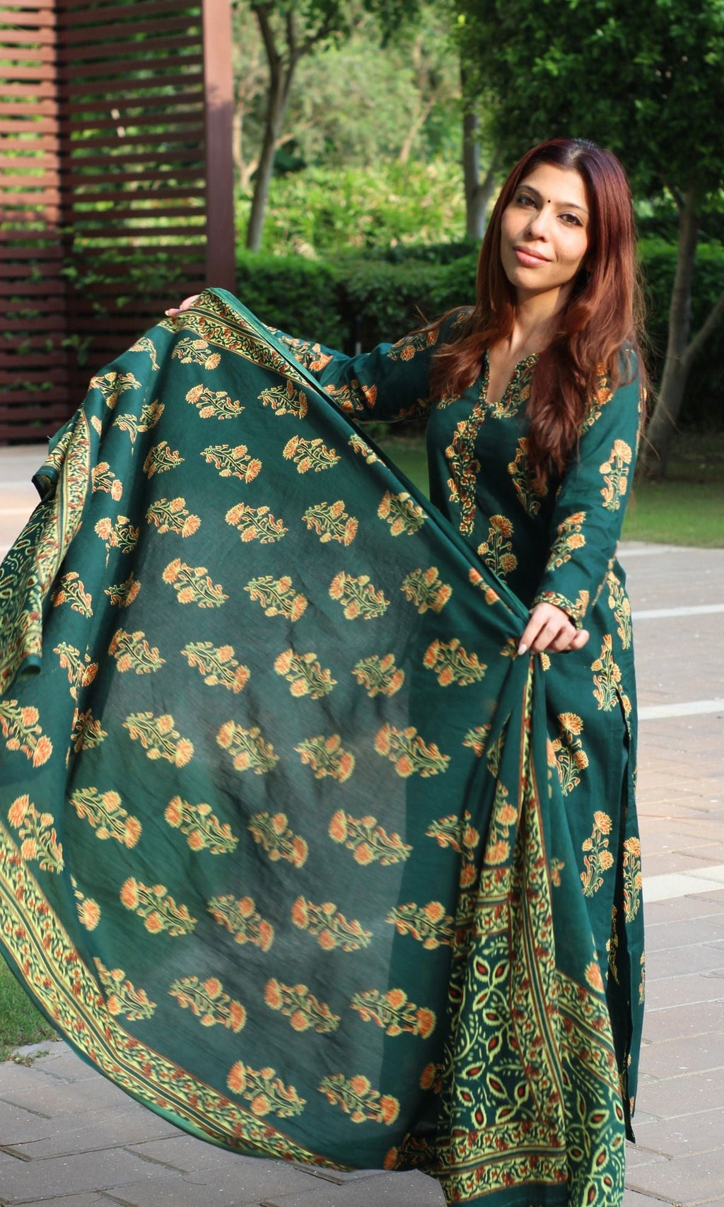 Cotton Forest Green with Orange Boota Suit Set & Cotton Printed Dupatta