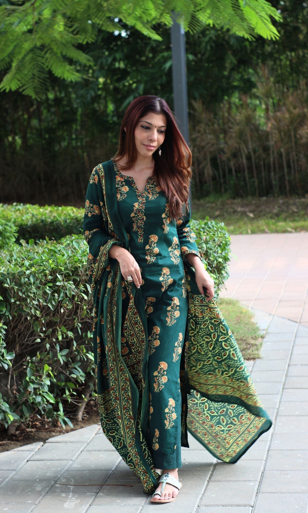 Cotton Forest Green with Orange Boota Suit Set & Cotton Printed Dupatta