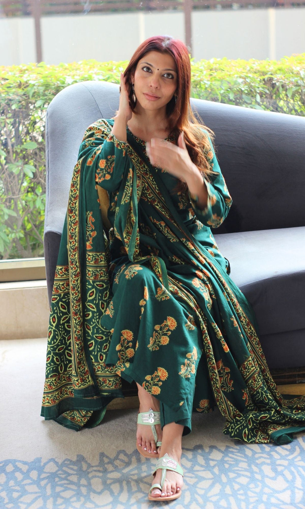 Cotton Forest Green with Orange Boota Suit Set & Cotton Printed Dupatta