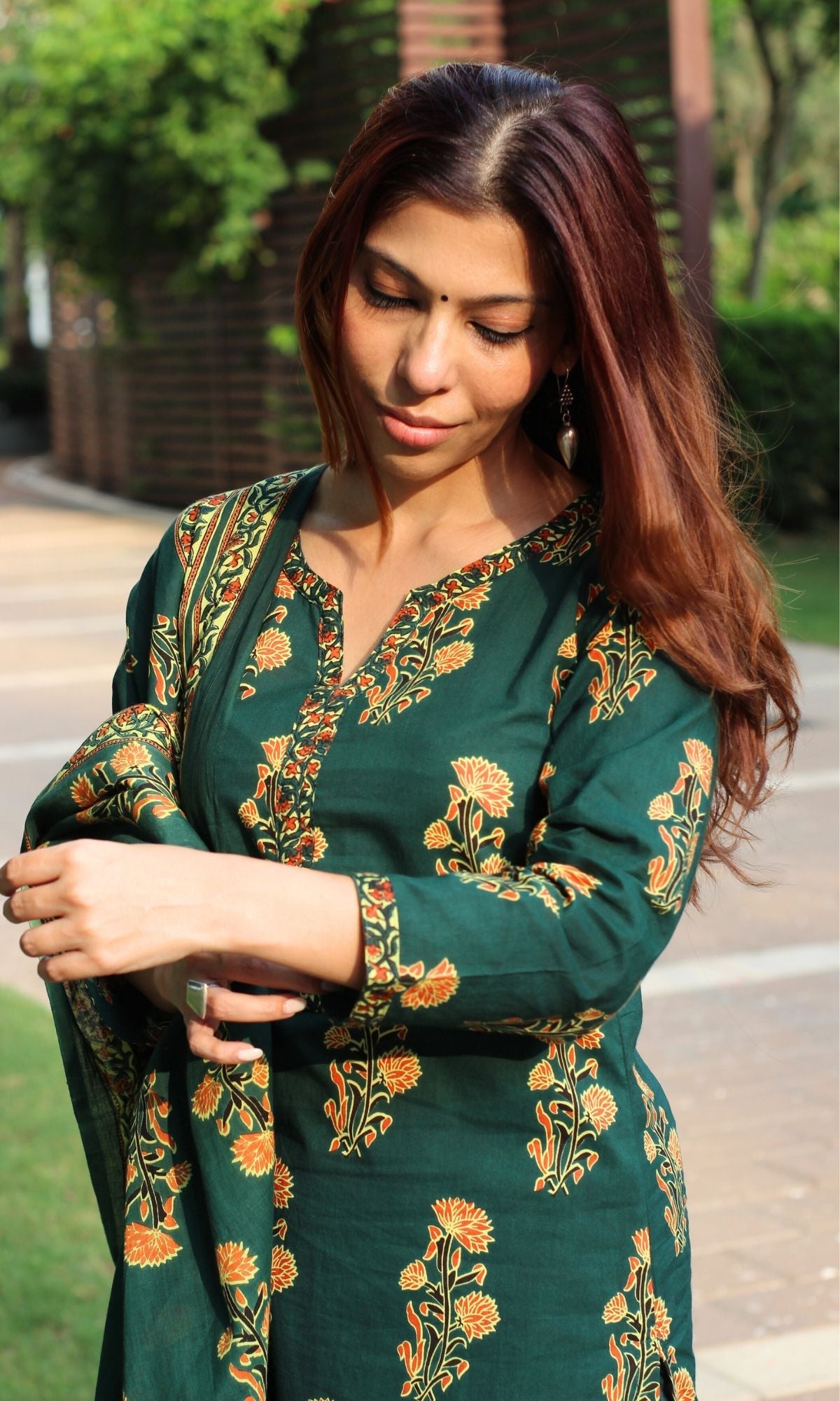 Cotton Forest Green with Orange Boota Suit Set & Cotton Printed Dupatta